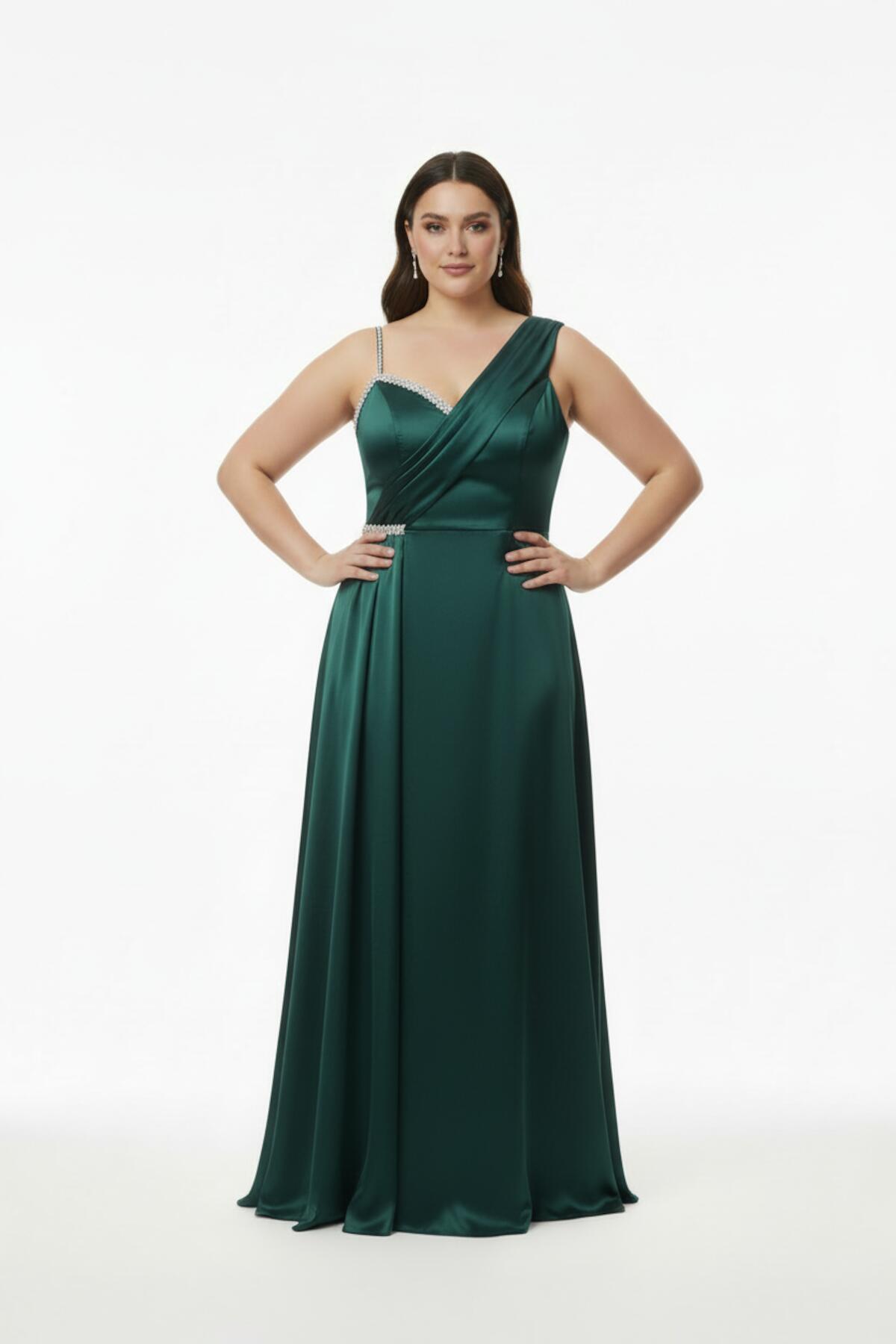 Plus - Size Sleeveless Long Evening Dress, Shaped At Bust And Waist — Green