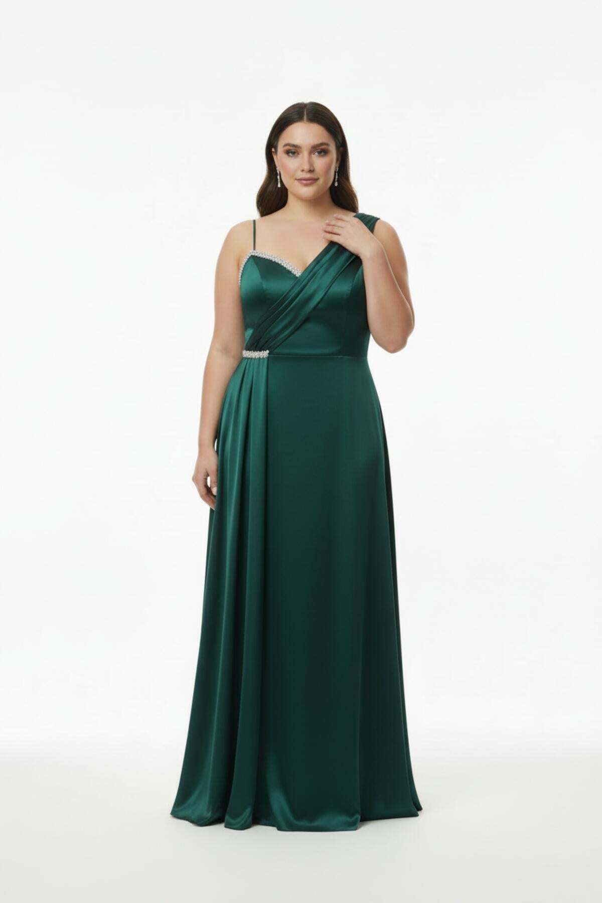 Plus - Size Sleeveless Long Evening Dress, Shaped At Bust And Waist — Green