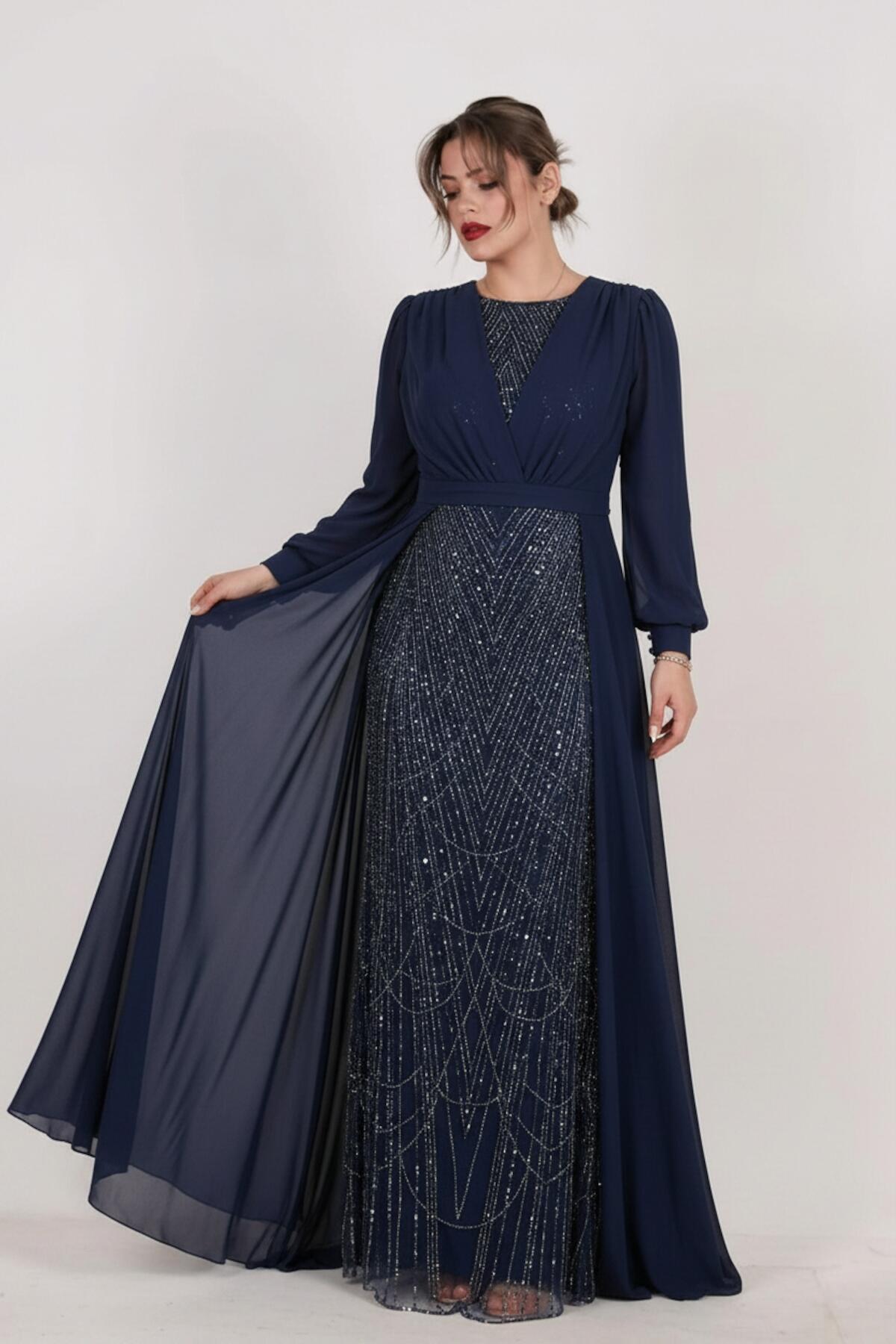 Grote Maat Avondjurk Met Pailletten En Chiffon Mouwen, Marineblauw