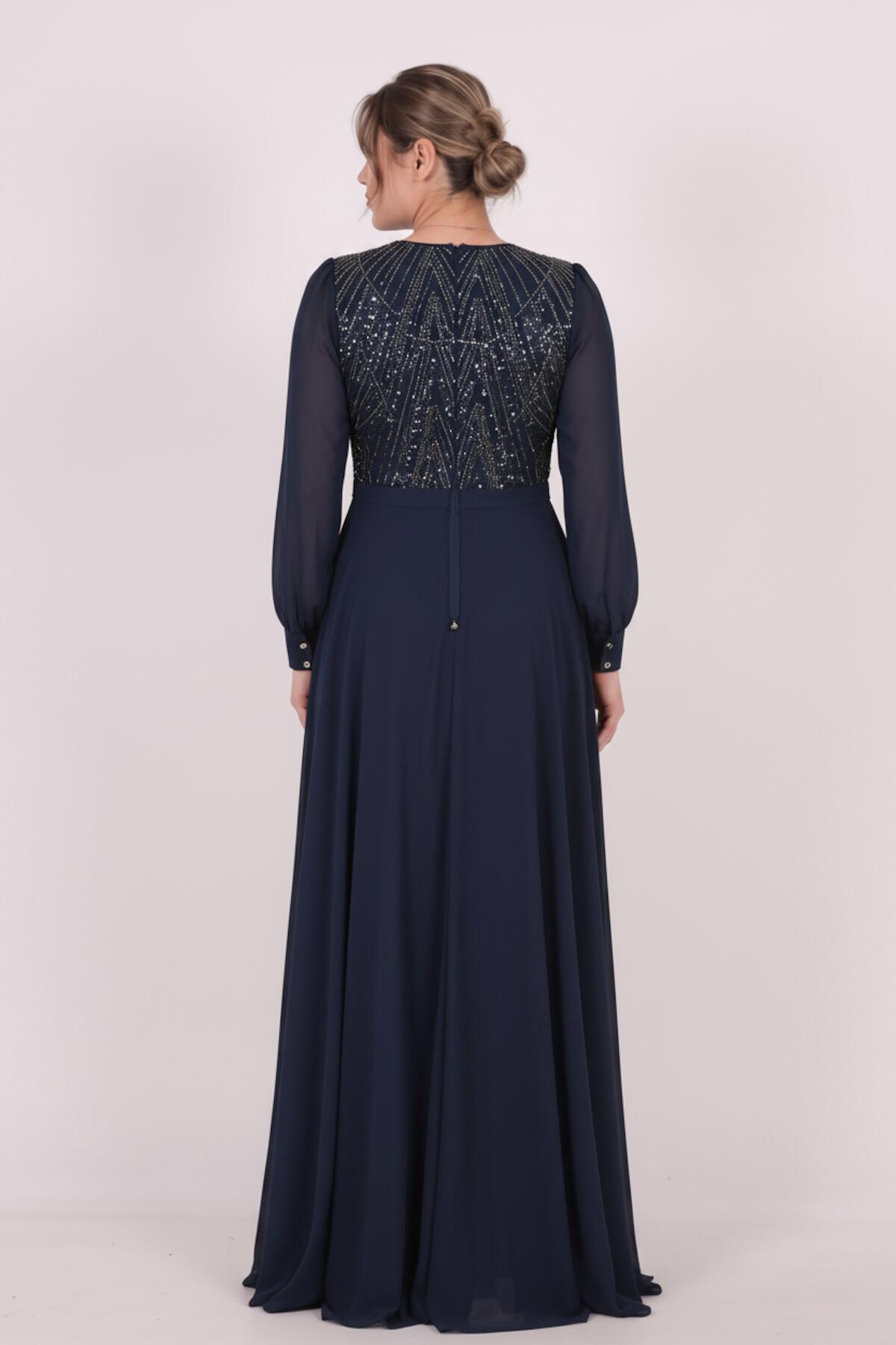Grote Maat Avondjurk Met Pailletten En Chiffon Mouwen, Marineblauw