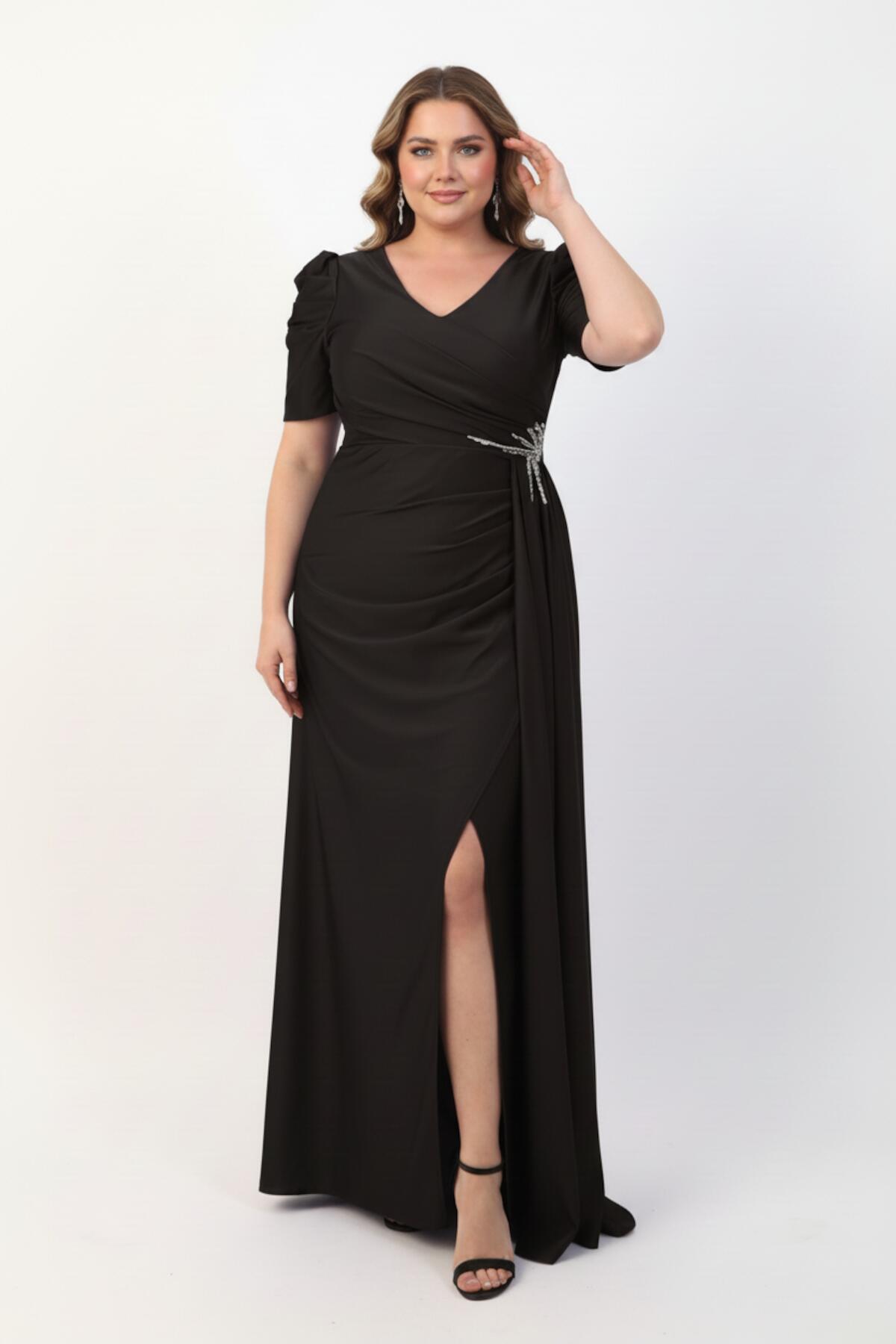 Plus - Size Long Evening Dress With Waist Detail, Short Sleeves — Black