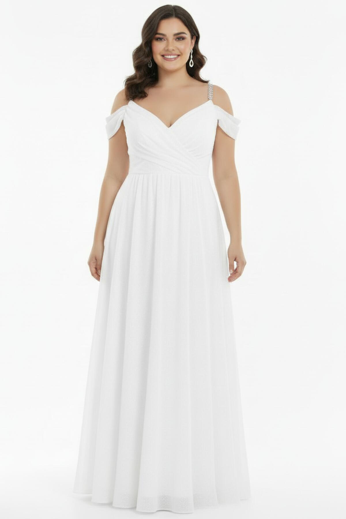Plus - Size Pleated Long Evening Dress With Chain Straps — White