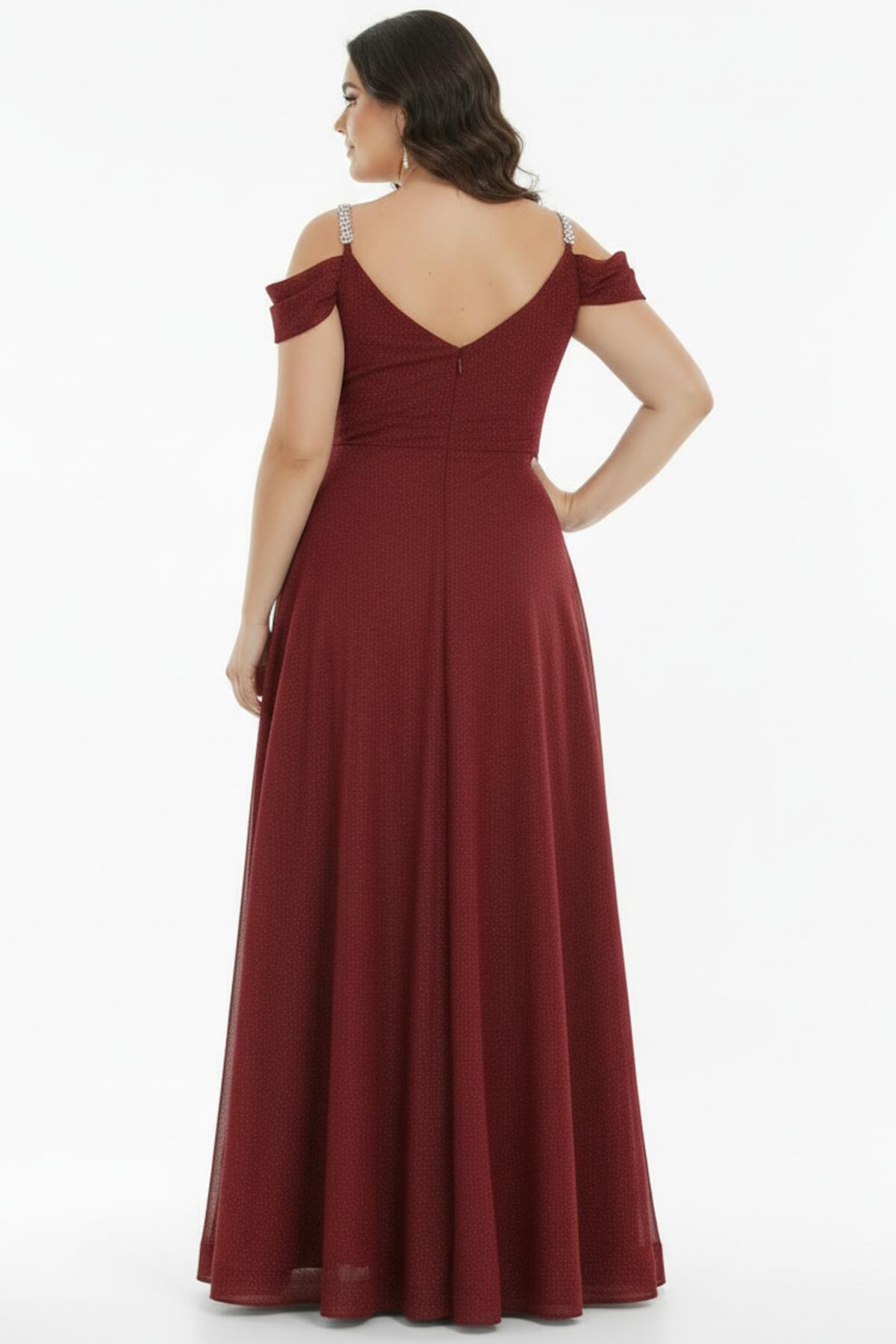Plus - Size Pleated Long Evening Dress With Chain Straps — Burgundy