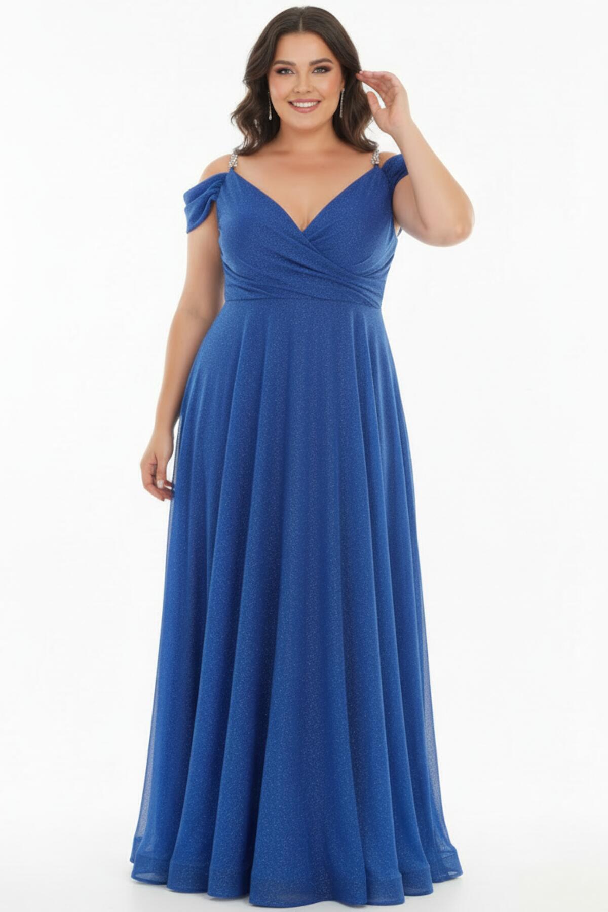 Plus - Size Chain - Strap Pleated Maxi Evening Dress — Royal Blue