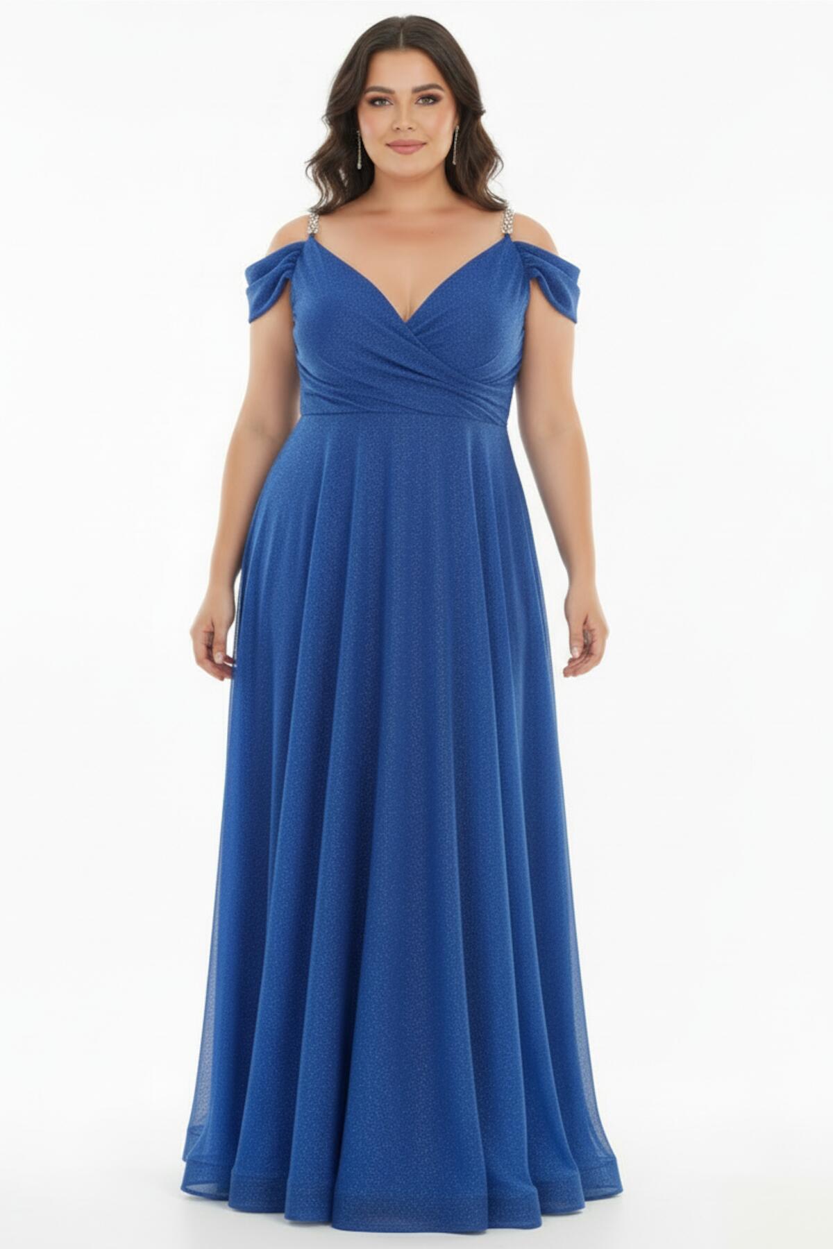 Plus - Size Chain - Strap Pleated Maxi Evening Dress — Royal Blue