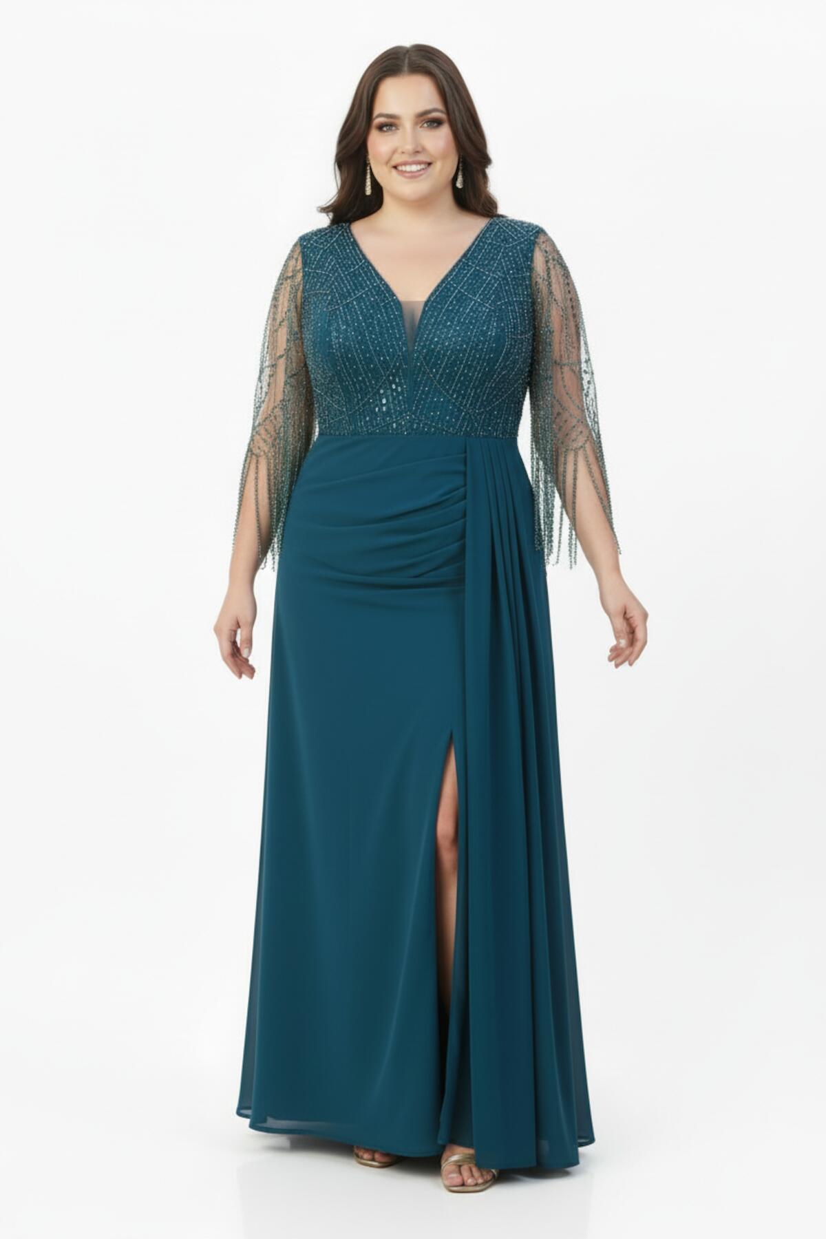 Plus - Size Indigo Chiffon Evening Dress With Sequin And Bead Embroidery