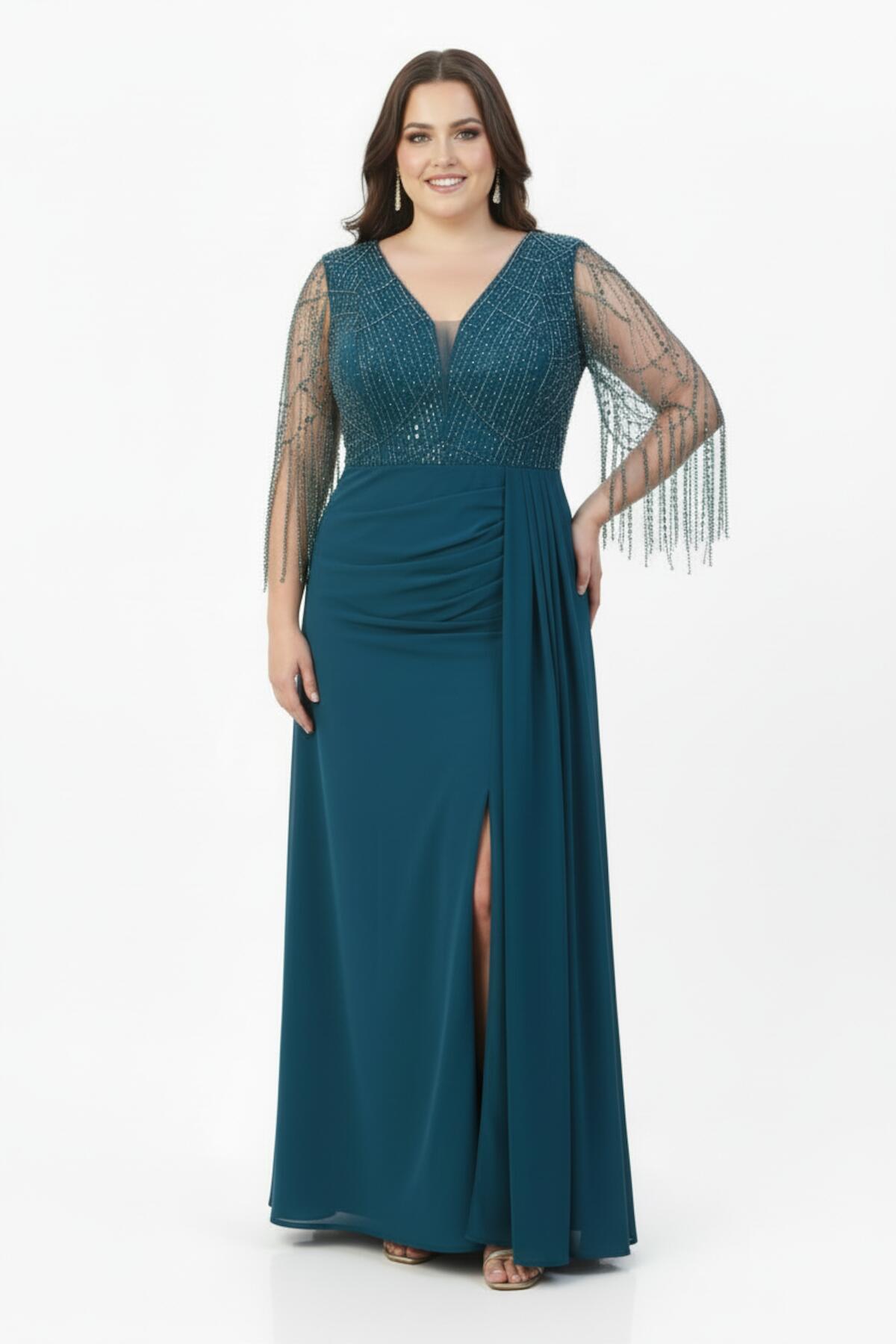 Plus - Size Indigo Chiffon Evening Dress With Sequin And Bead Embroidery