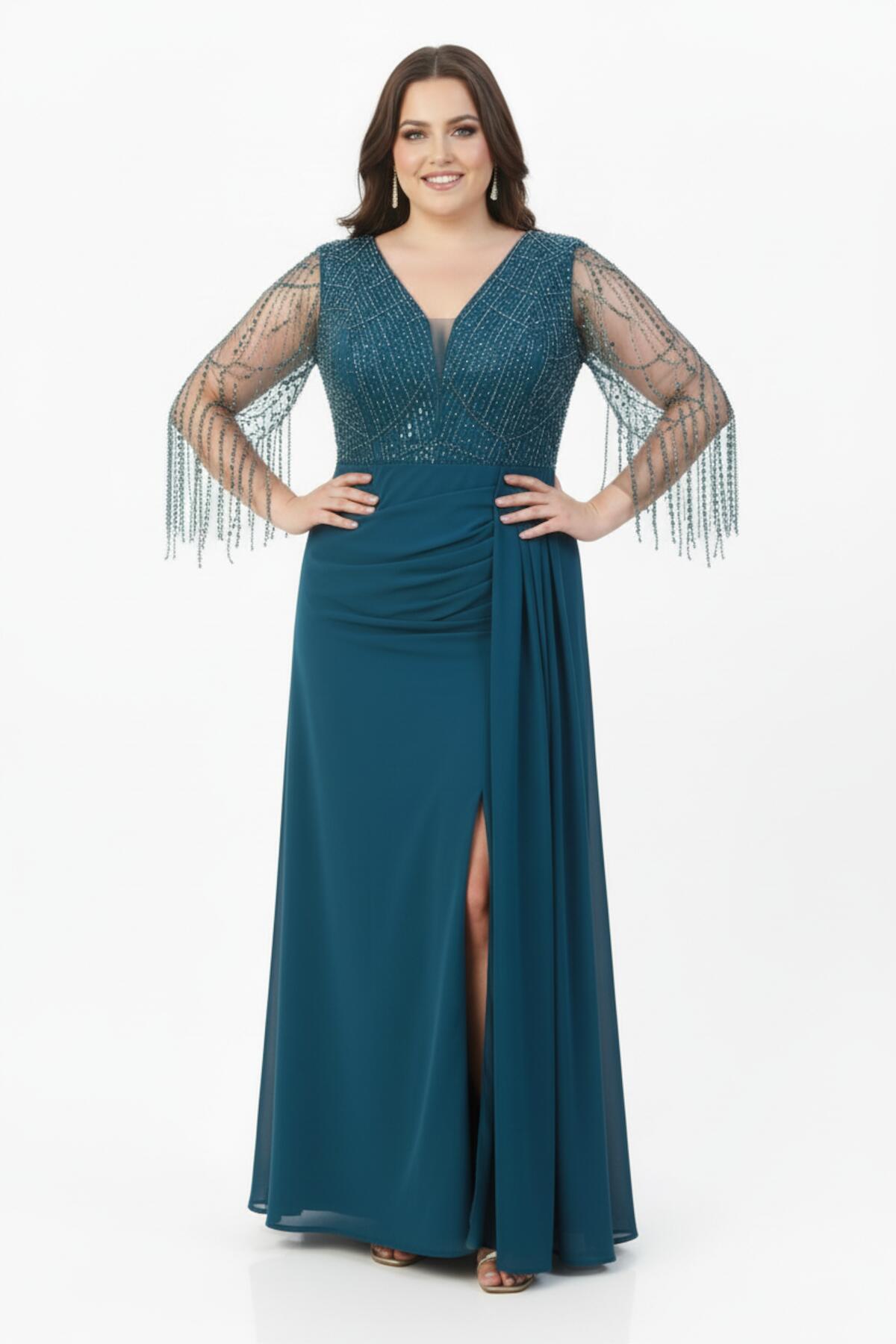 Plus - Size Indigo Chiffon Evening Dress With Sequin And Bead Embroidery
