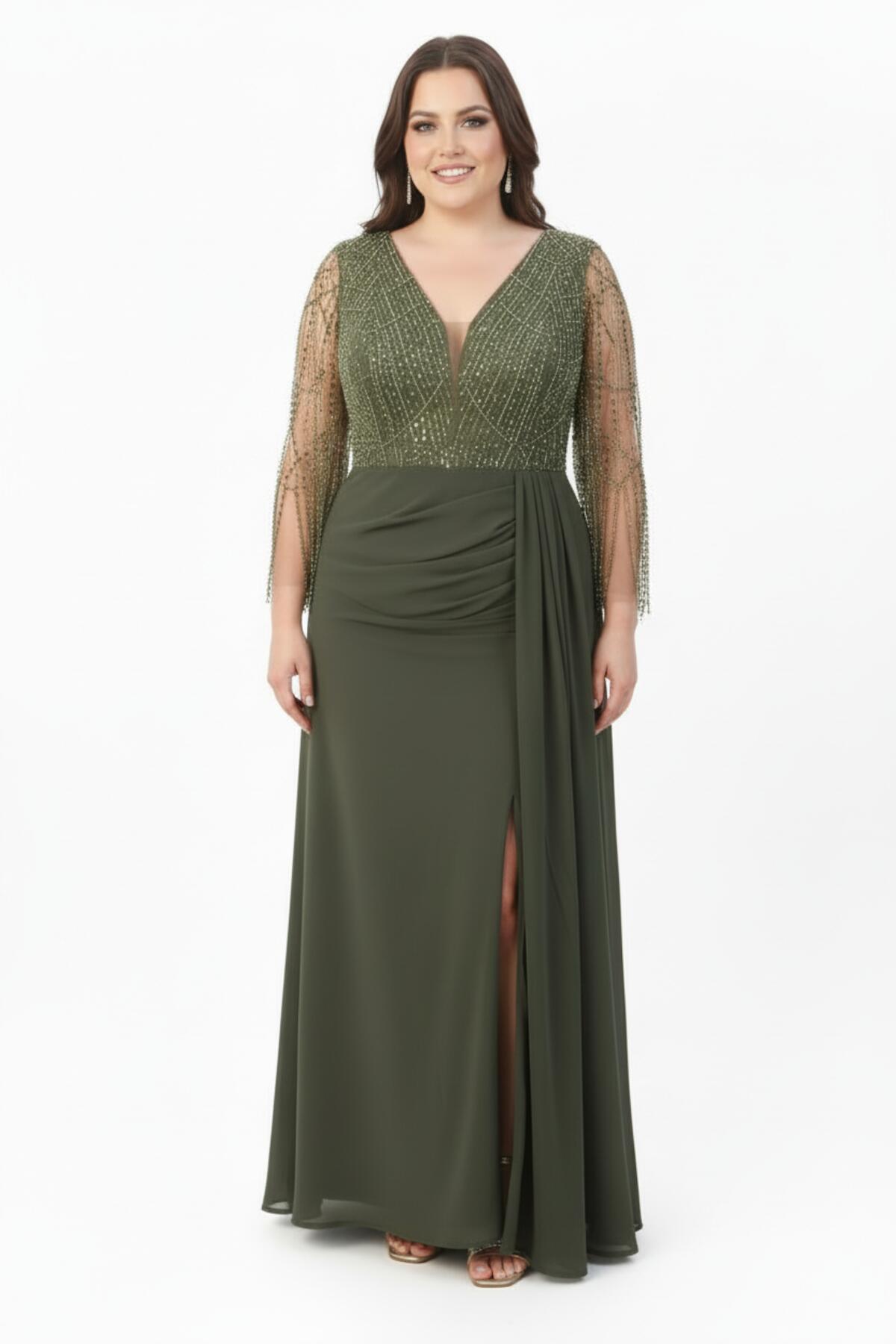 Khaki Plus - Size Chiffon Gown With Sequin & Bead Detail