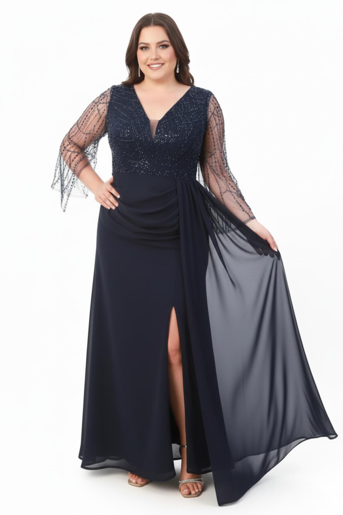 Plus - Size Navy Chiffon Evening Dress With Sequin - And - Bead Bodice