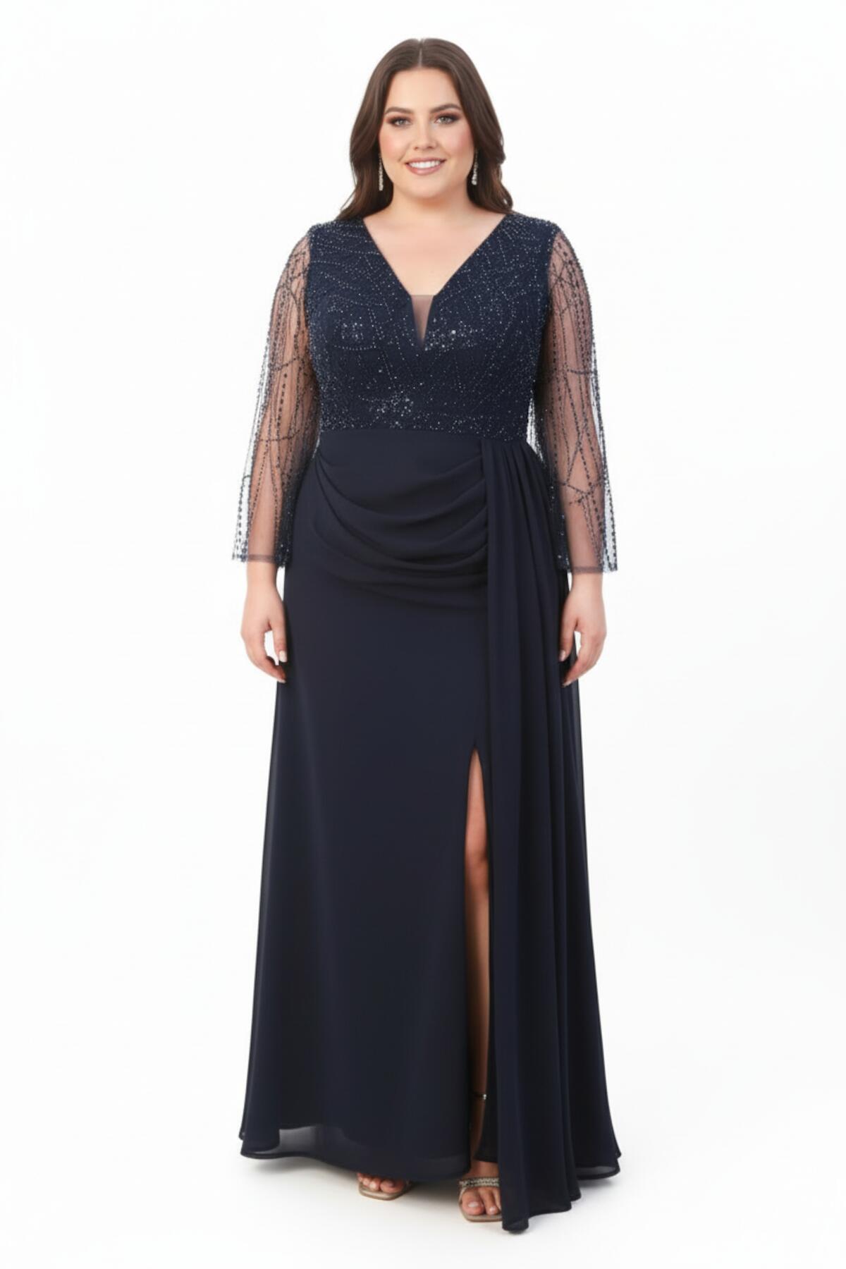 Plus - Size Navy Chiffon Evening Dress With Sequin - And - Bead Bodice