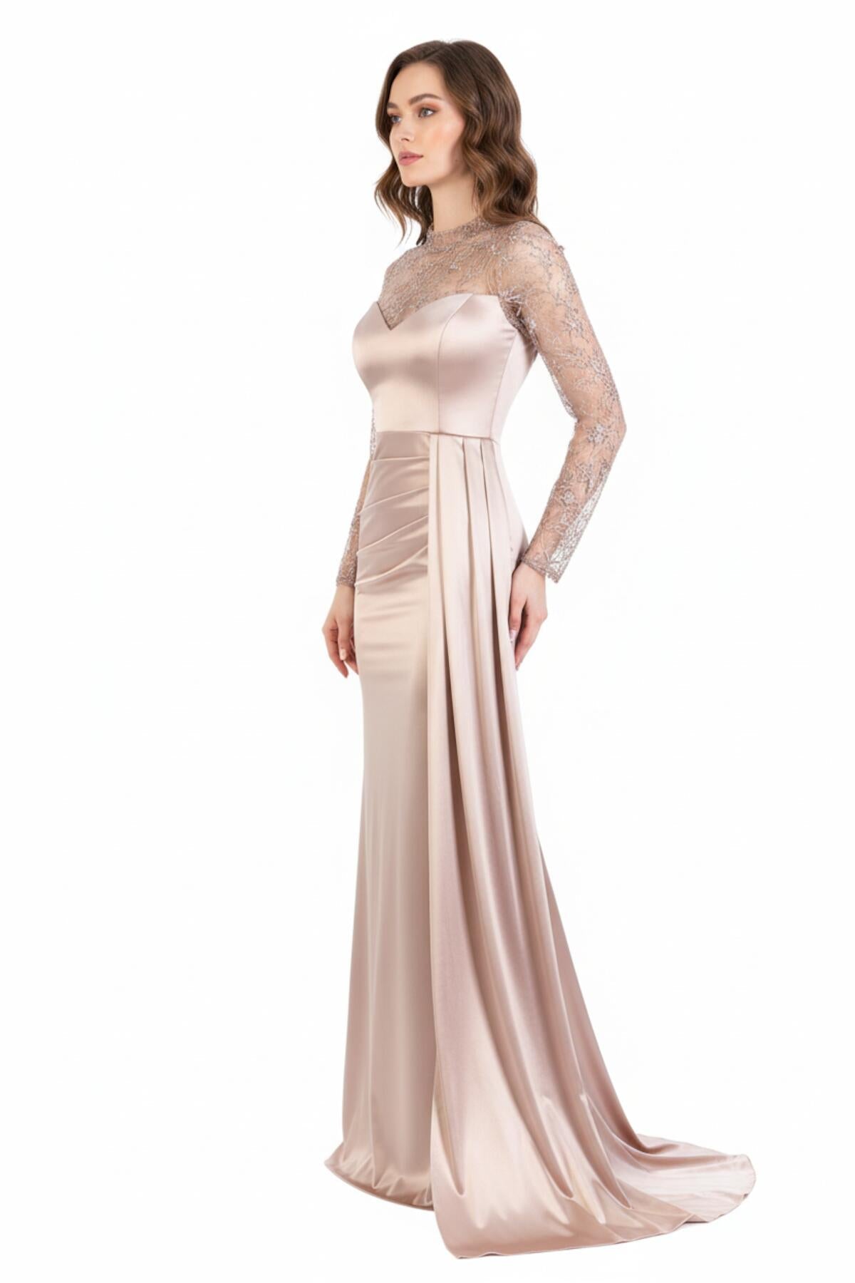 Satin Long Evening Dress With Lace Sleeves — Yellow