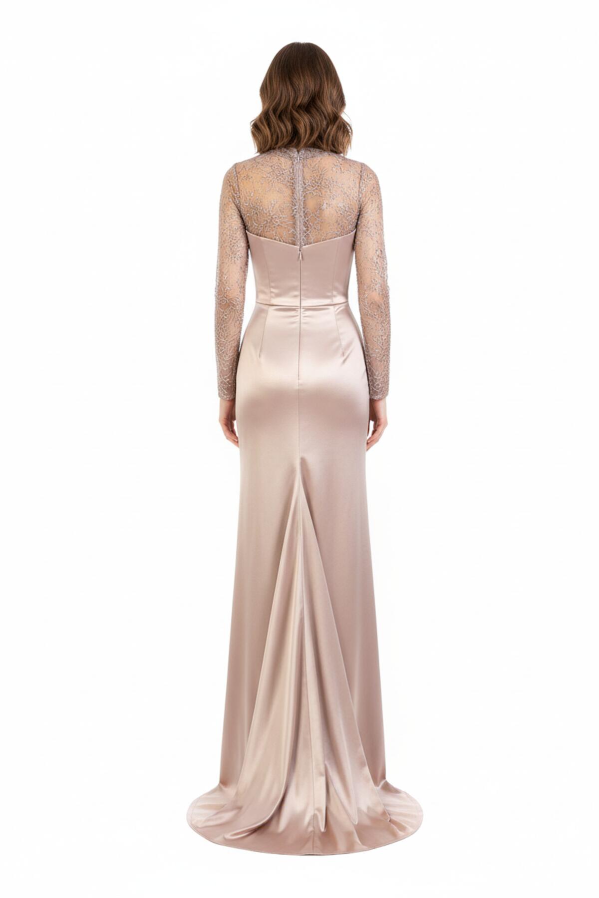 Satin Long Evening Dress With Lace Sleeves — Yellow