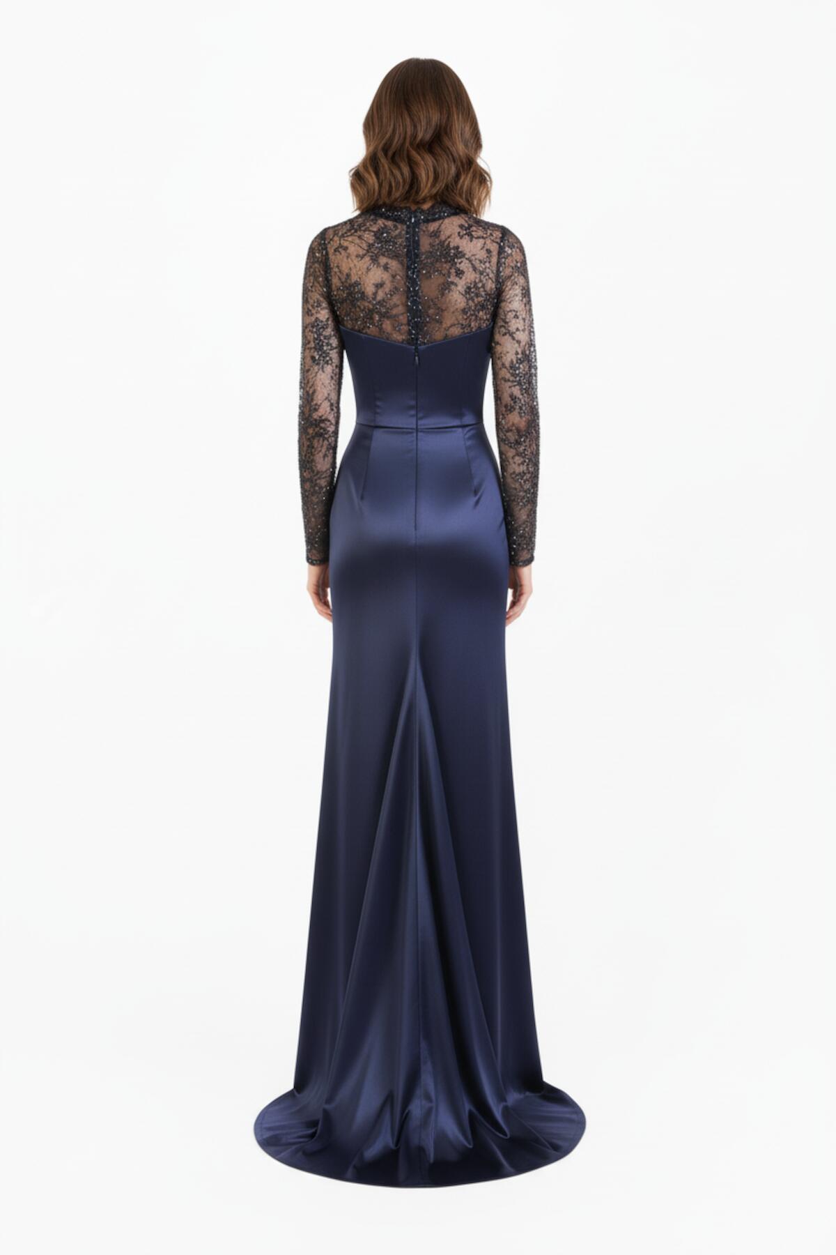 Satin Long Evening Dress With Lace Sleeves — Navy