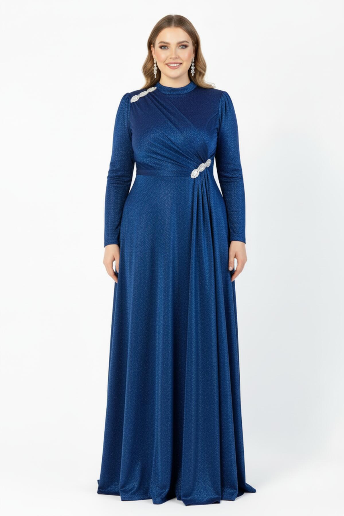 Abendkleid in Großen Größen in Königsblau mit Taillen- & Schulterdetails