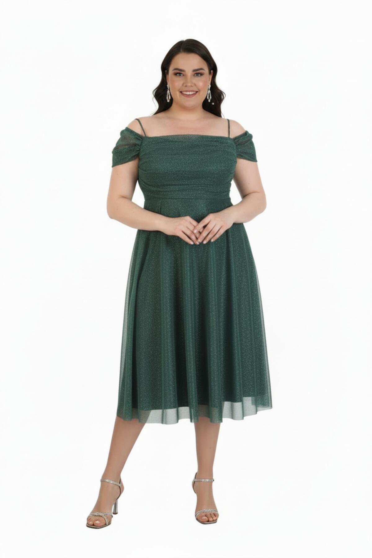 Plus - Size Off - Shoulder Midi Evening Dress In Green