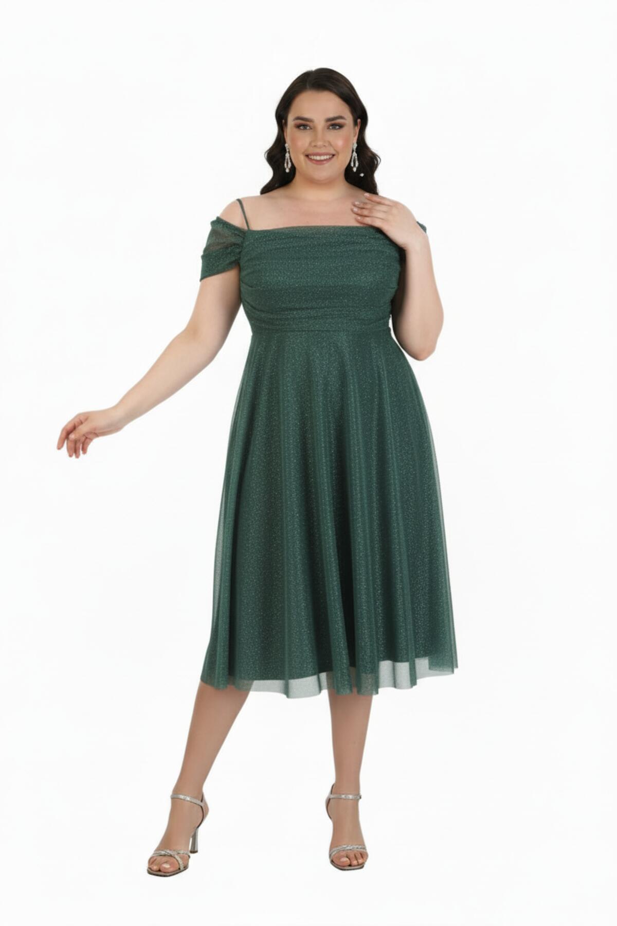 Plus - Size Off - Shoulder Midi Evening Dress In Green