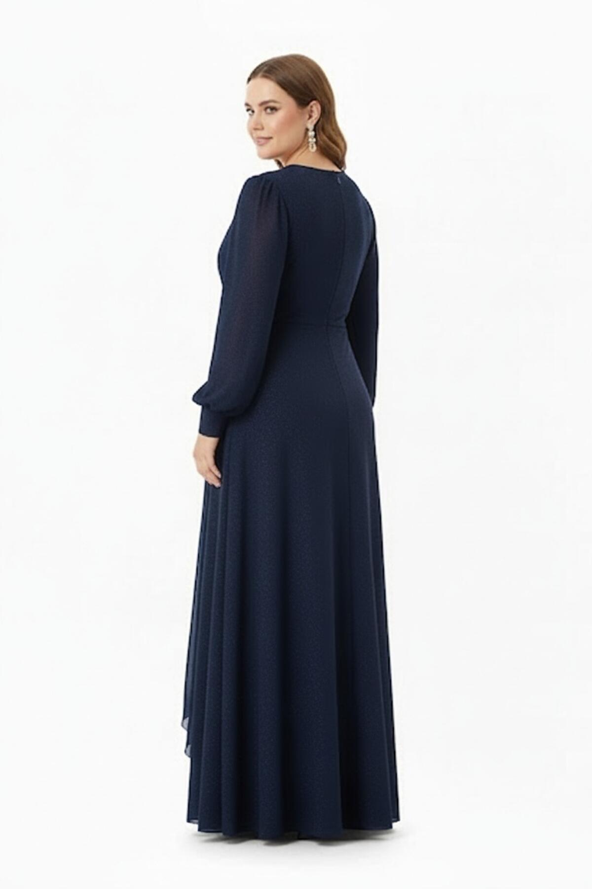 Plus - Size Navy Chiffon Evening Dress With Waist Detail