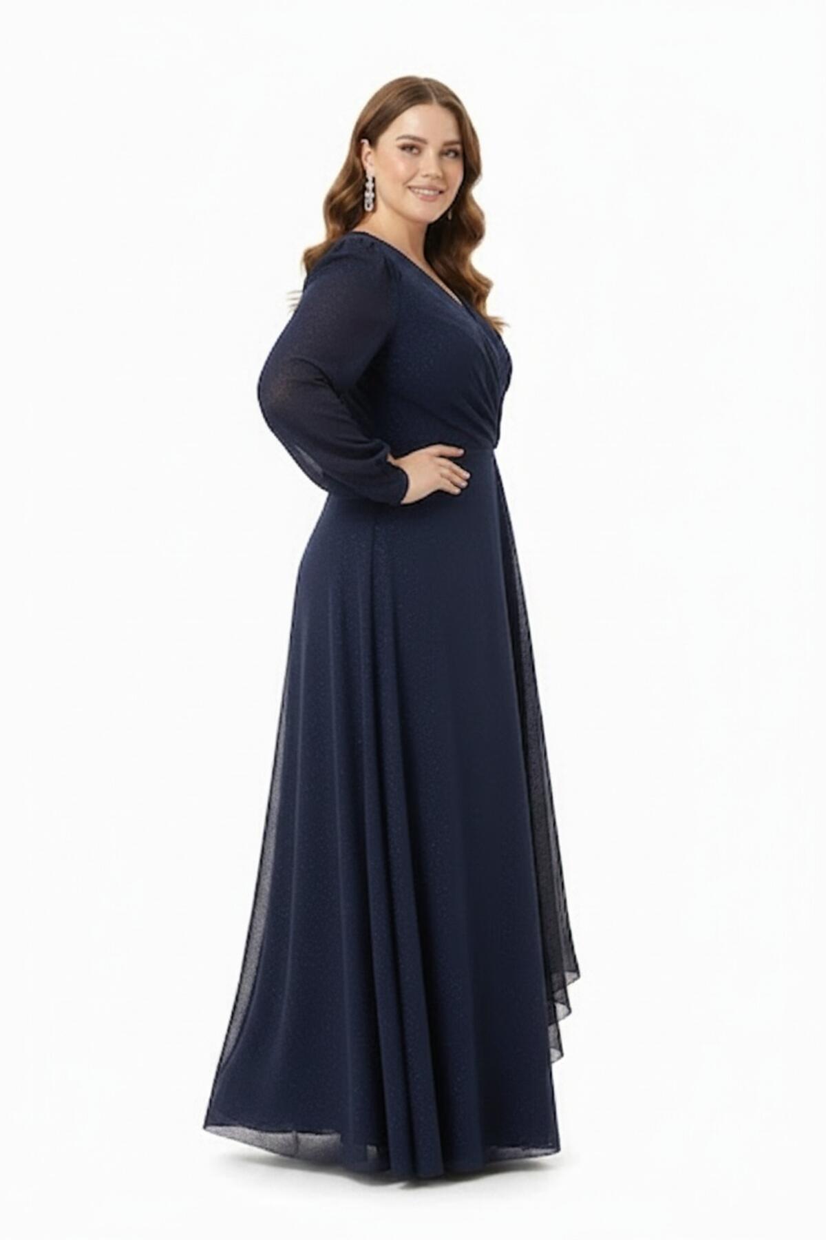 Plus - Size Navy Chiffon Evening Dress With Waist Detail