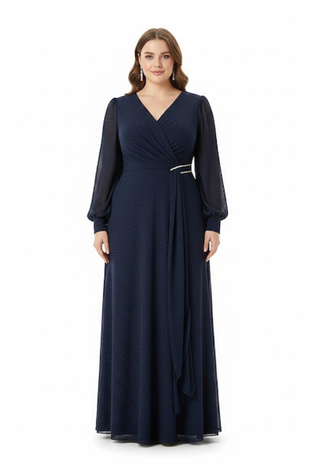 Plus - Size Navy Chiffon Evening Dress With Waist Detail