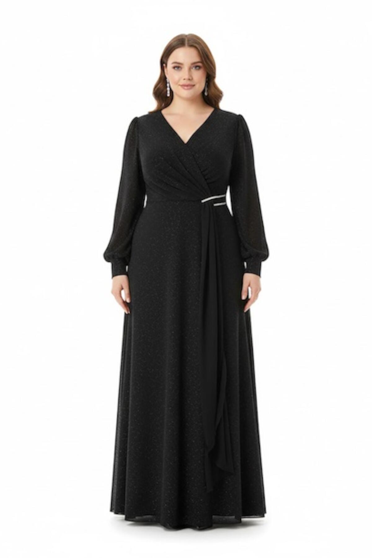 Plus - Size Chiffon Overlay Evening Dress With Waist Detail — Black