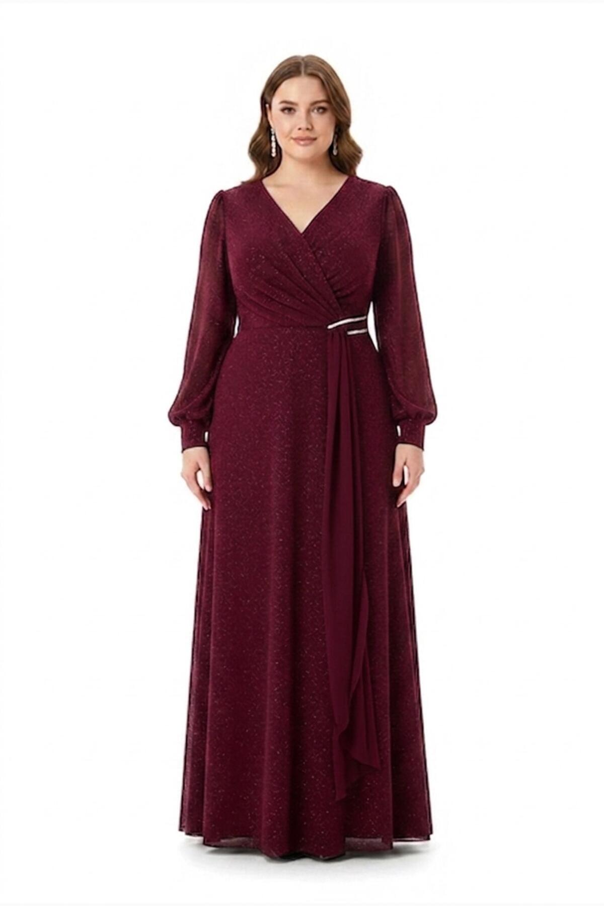 Plus - Size Chiffon Overlay Evening Dress With Waist Detail — Burgundy