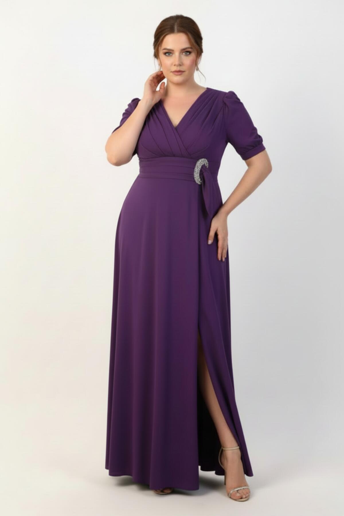 Plus - Size Long Evening Dress With Waist Buckle — Purple