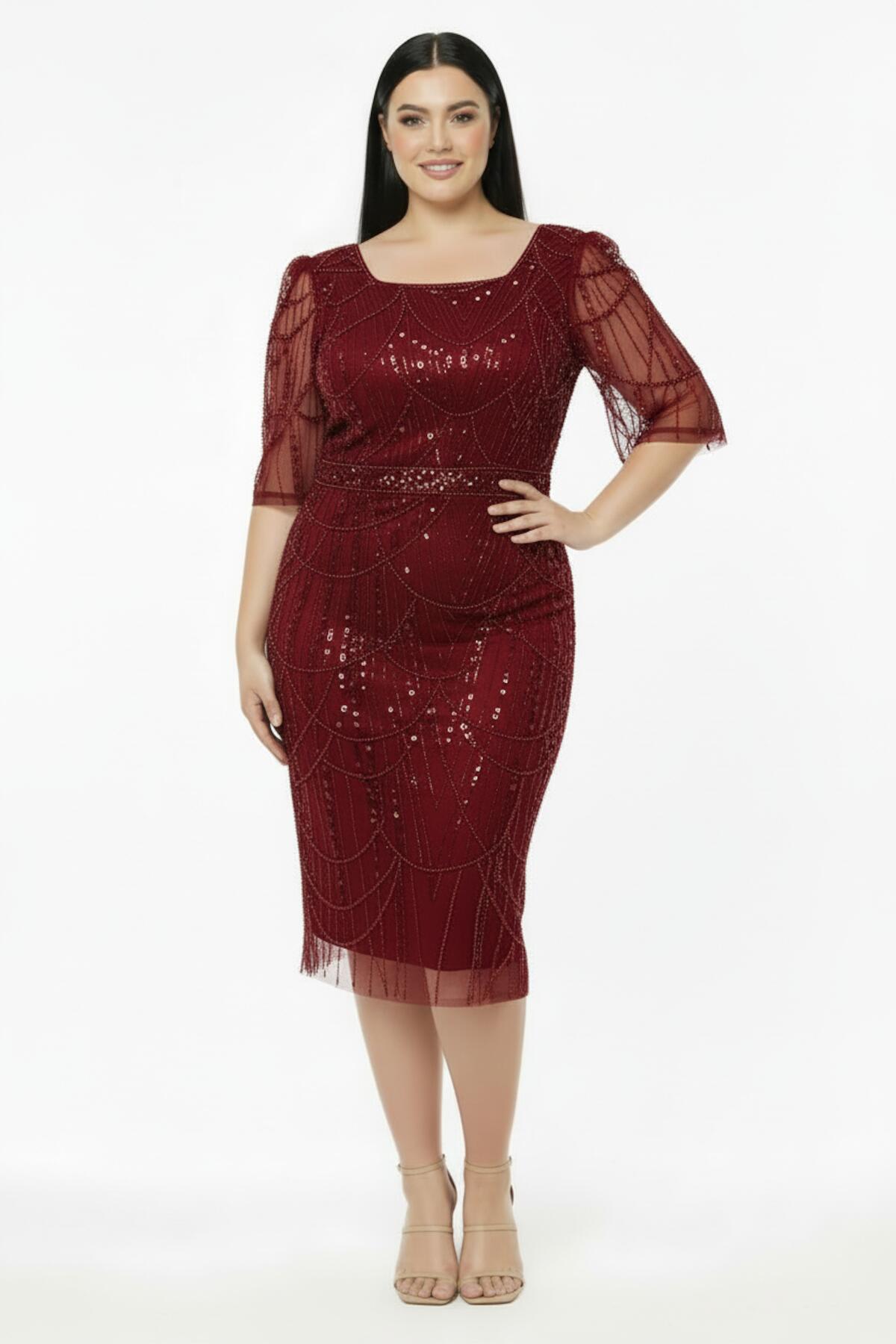Plus - Size Long - Sleeve Square - Neck Sequin And Beaded Dress — Burgundy