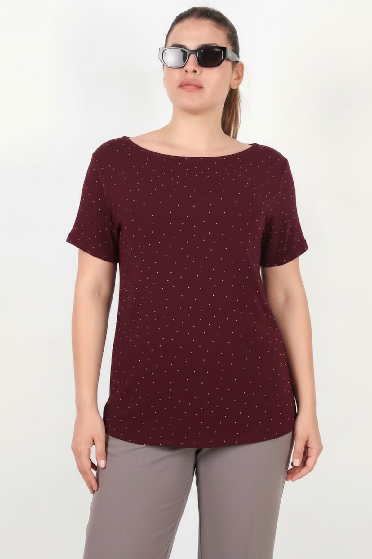 Plus - Size Boat - Neck Blouse With Stone Detail — Burgundy