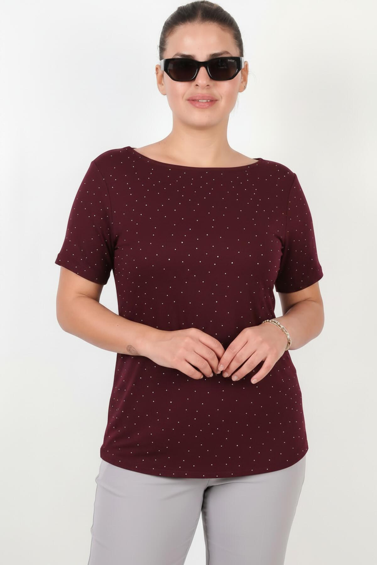 Plus - Size Boat - Neck Blouse With Stone Detail — Burgundy