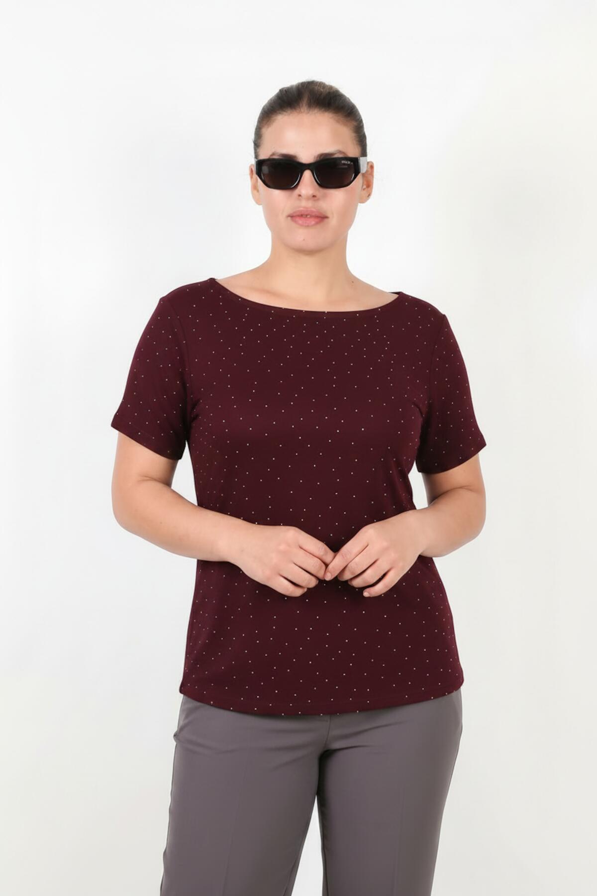 Plus - Size Boat - Neck Blouse With Stone Detail — Burgundy
