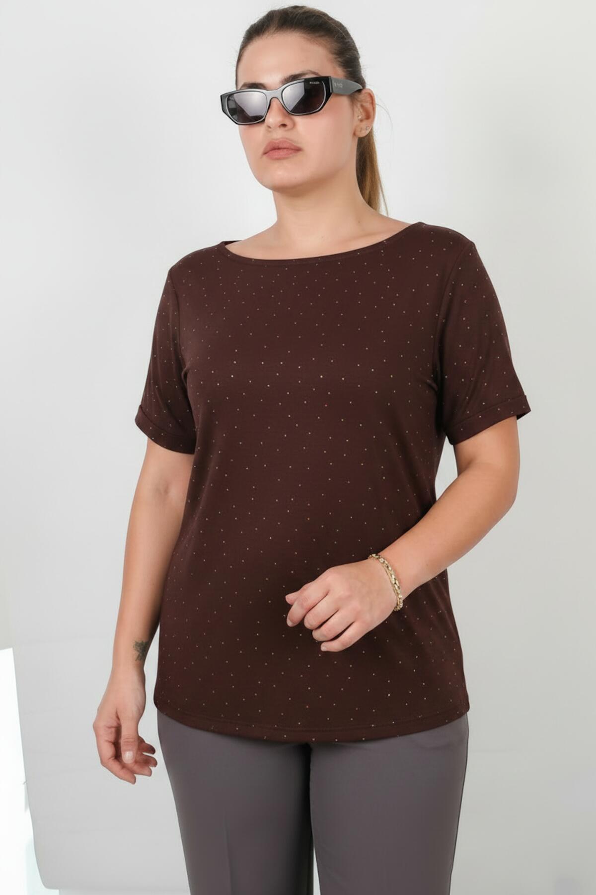 Plus - Size Boat - Neck Blouse With Silver Stones — Brown