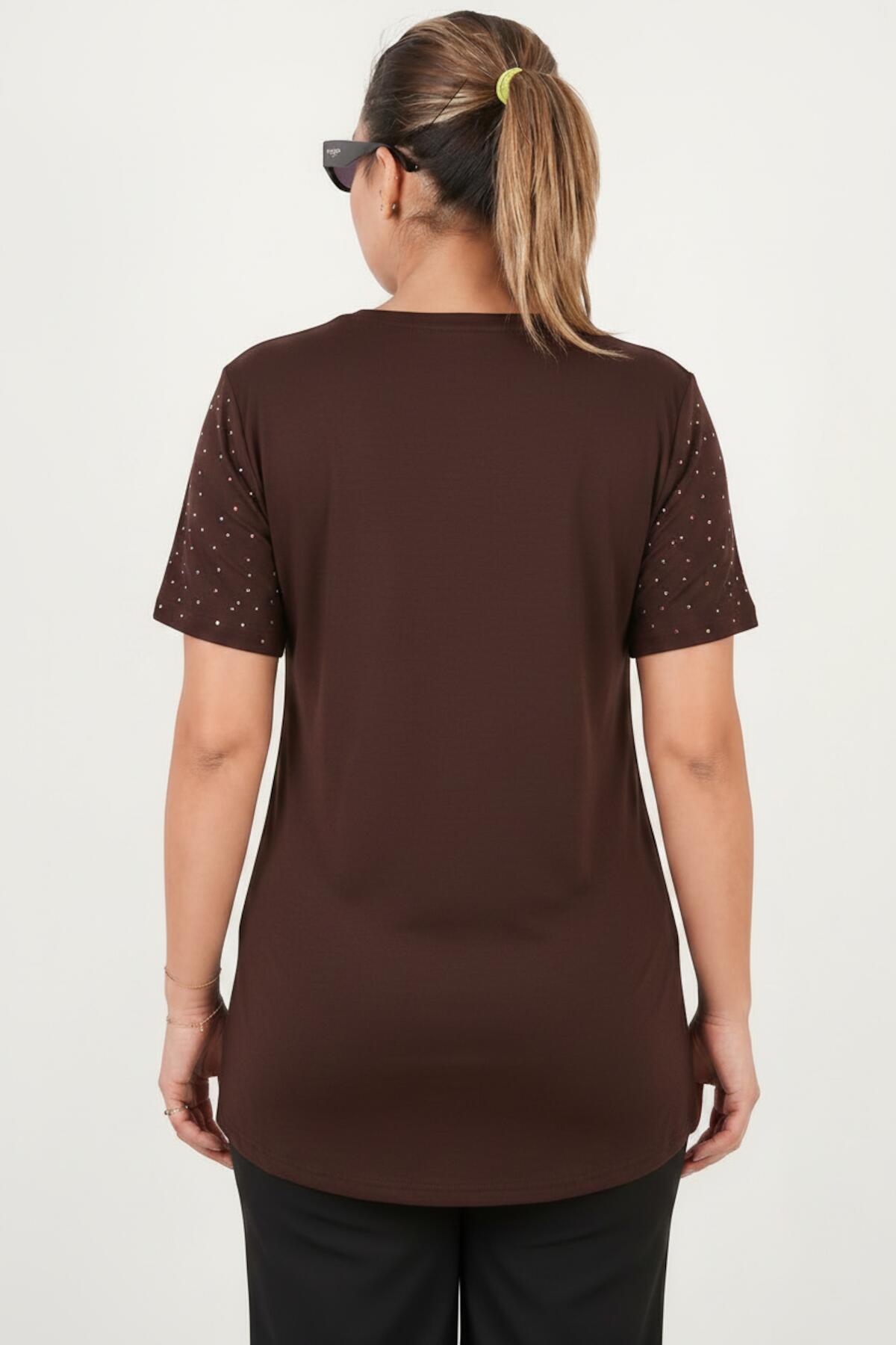 Plus - Size Boat - Neck Blouse With Silver Stones — Brown