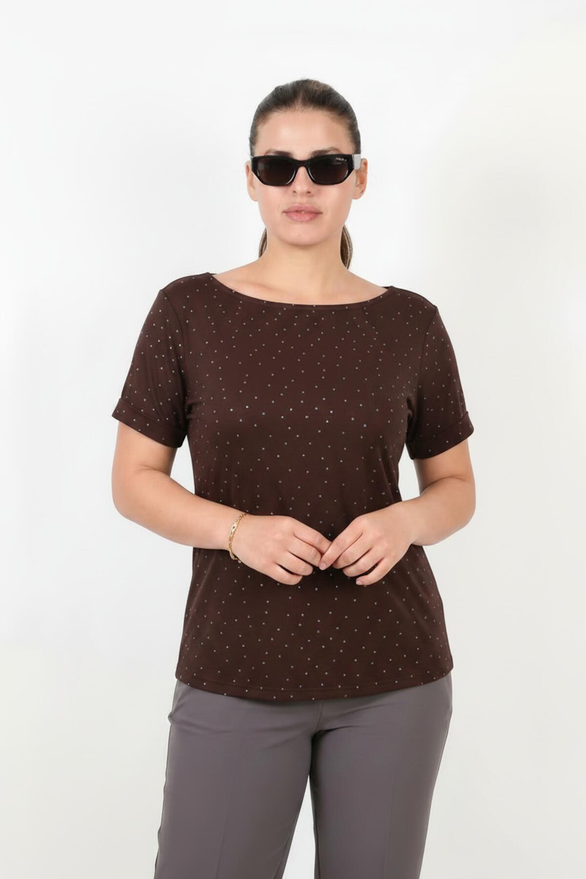 Plus - Size Boat - Neck Blouse With Silver Stones — Brown