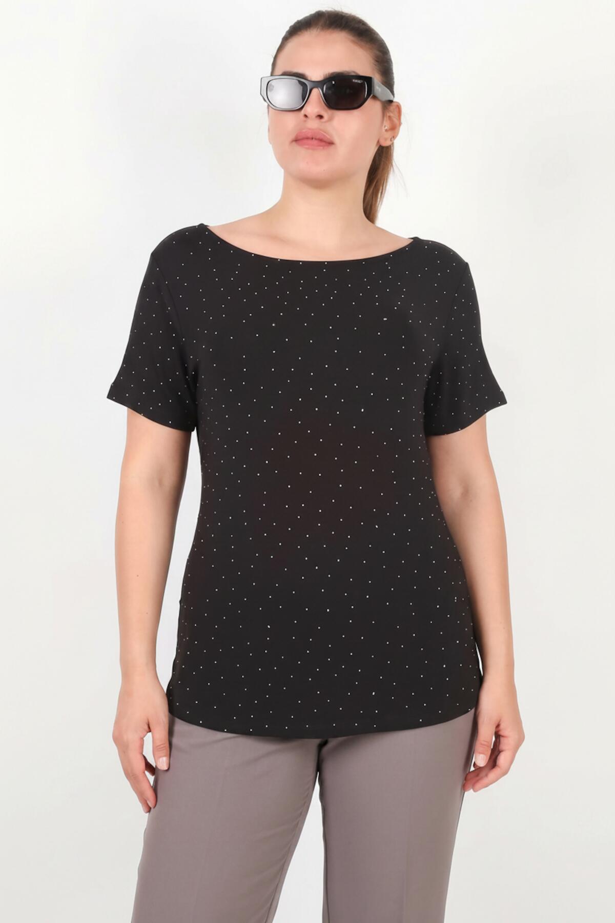 Plus‑Size Boat‑Neck Blouse With Silver Stones, Black