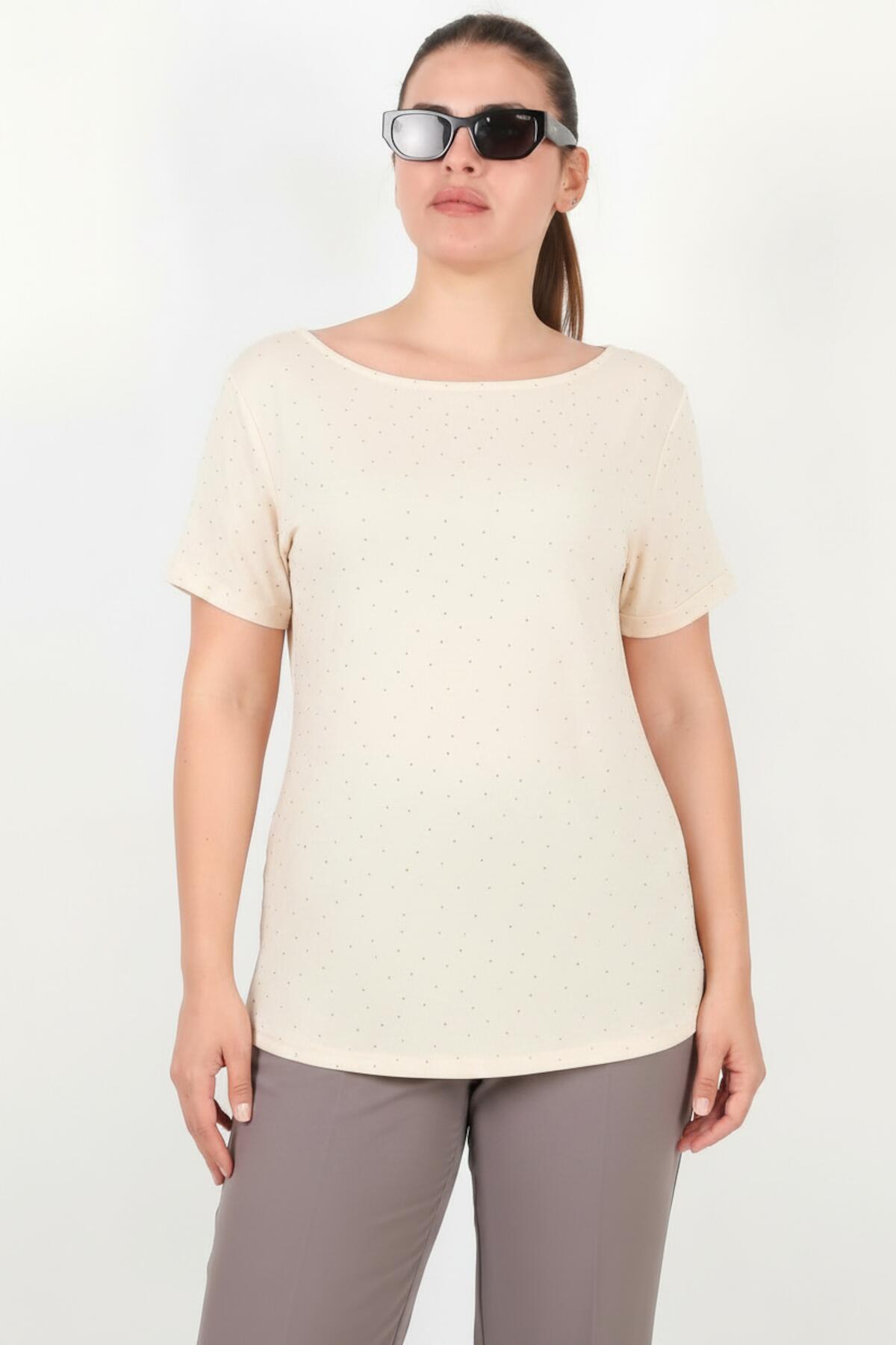 Plus - Size Boat - Neck Blouse With Mini Silver Stones — Off - White
