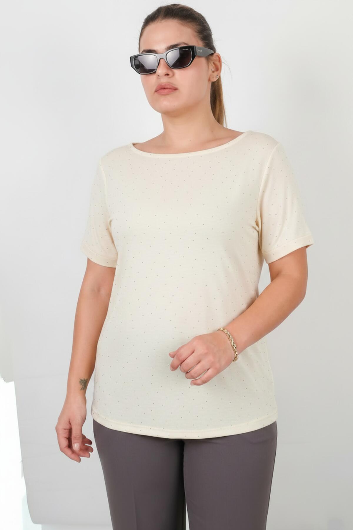 Plus - Size Boat - Neck Blouse With Mini Silver Stones — Off - White
