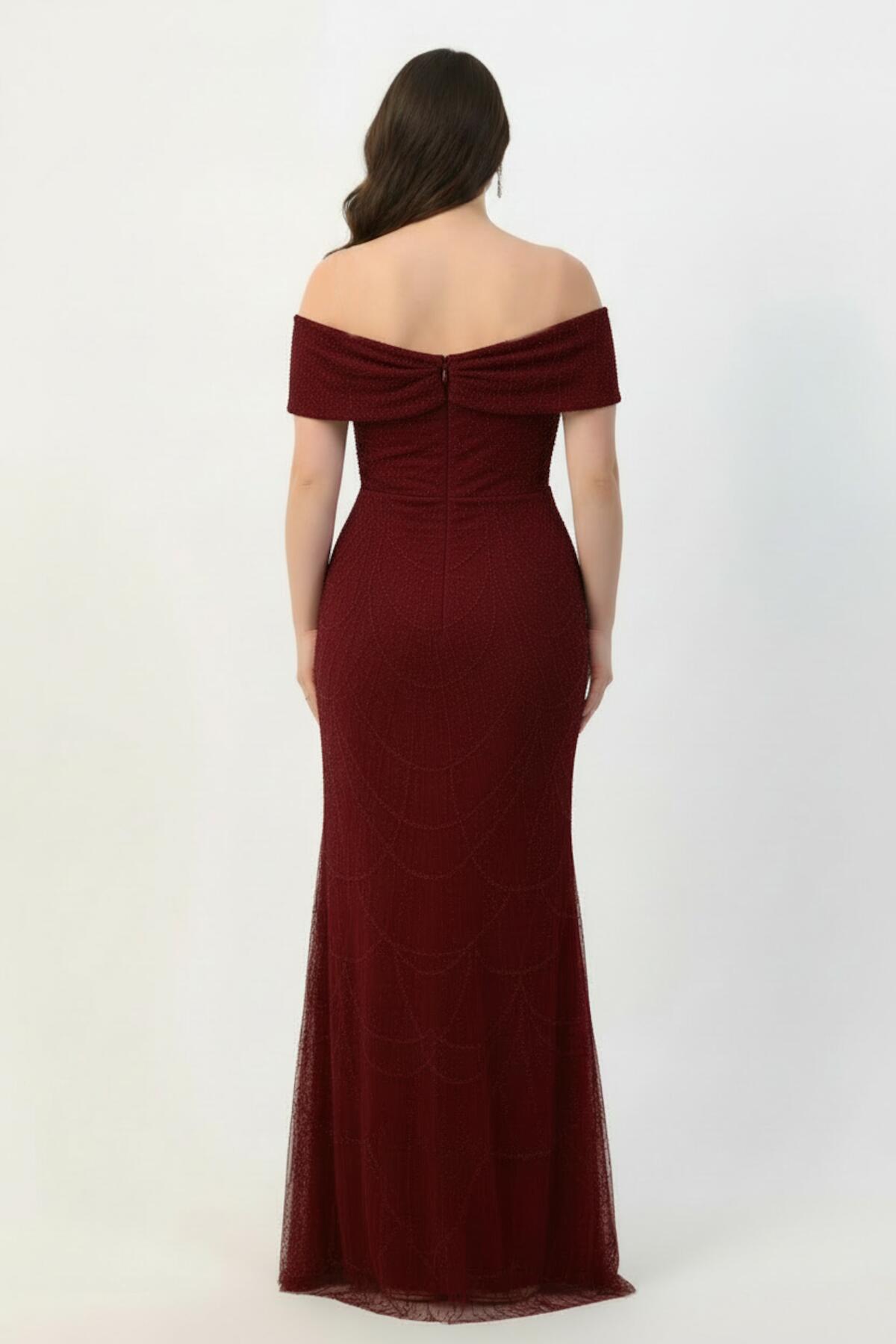 Plus - Size Long Evening Dress With Beaded Sequin Neckline — Burgundy