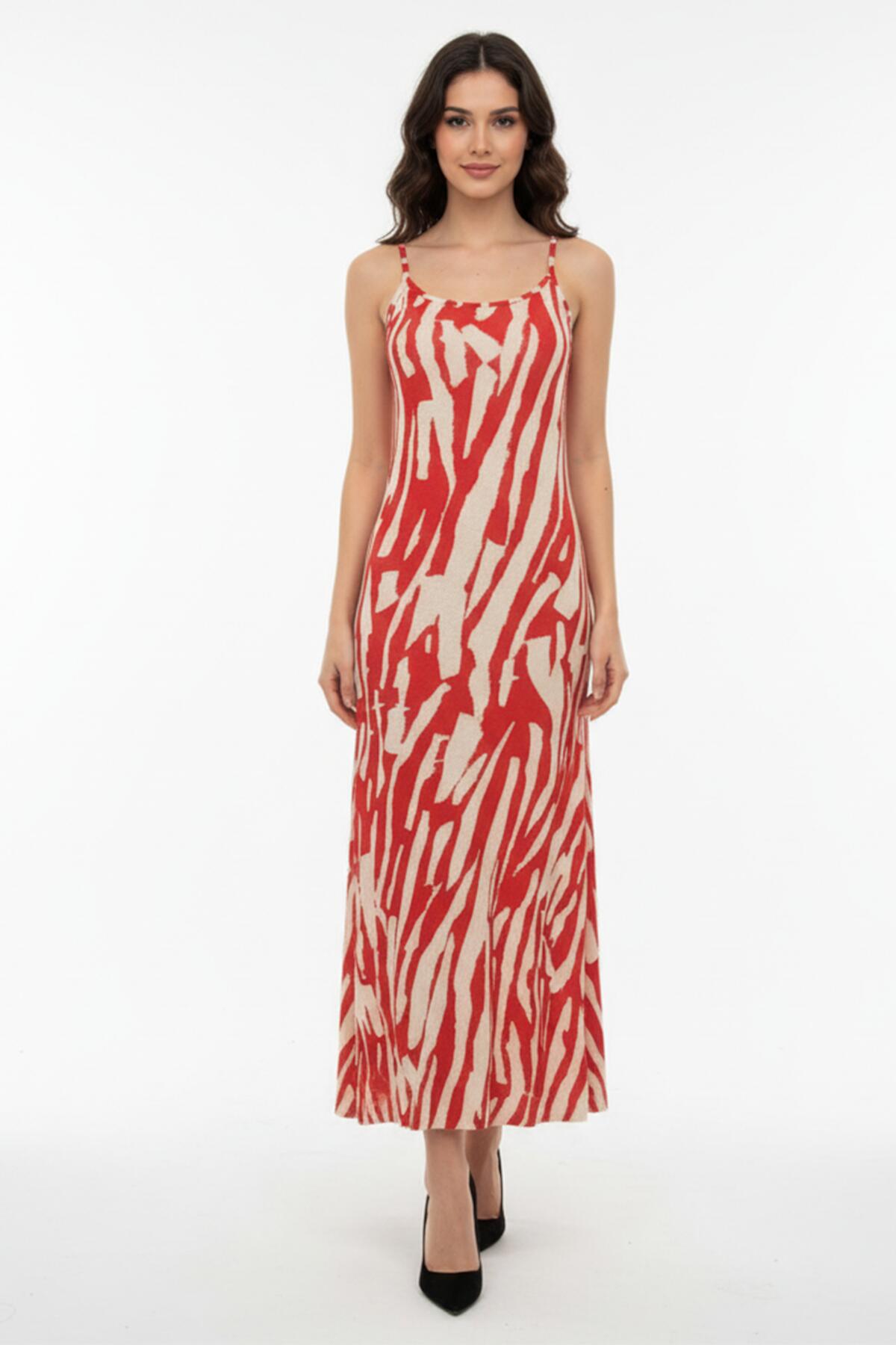 Patterned Terracotta Tie - Strap Dress