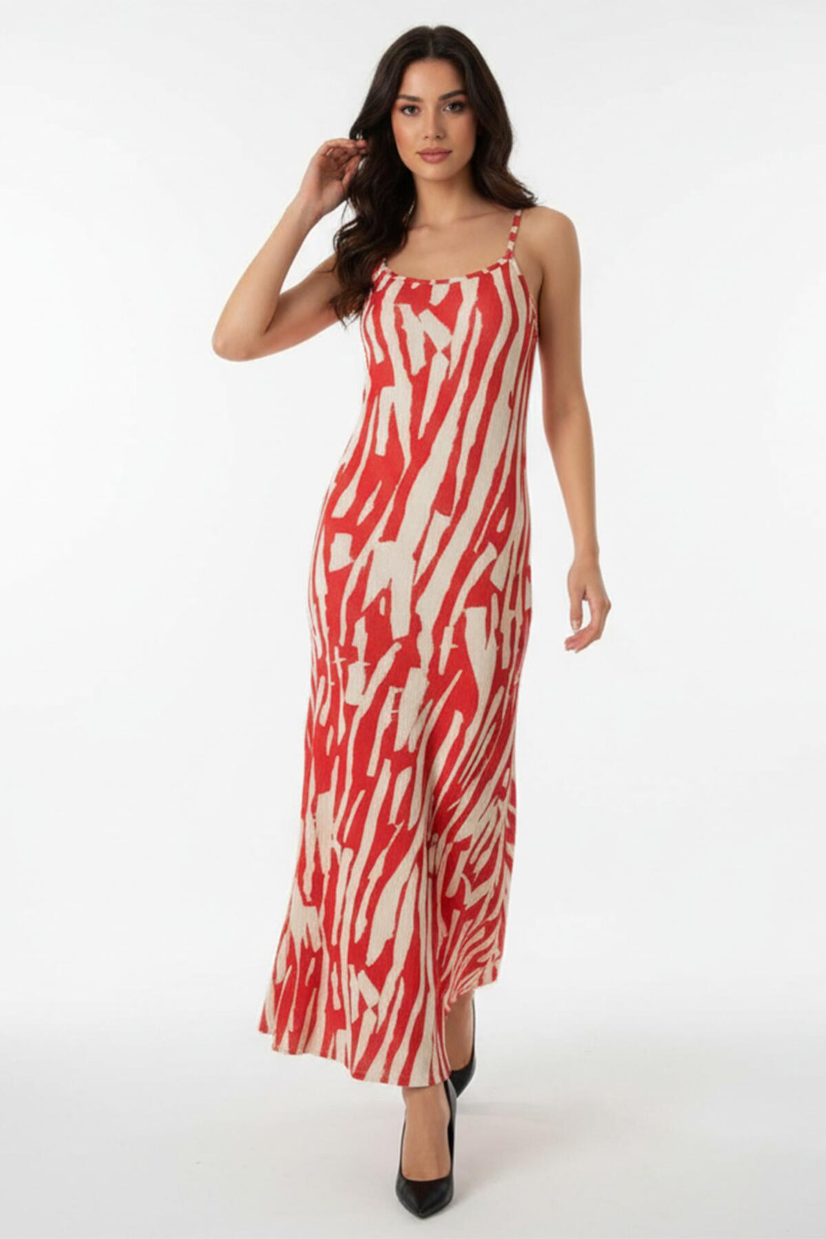 Patterned Terracotta Tie - Strap Dress