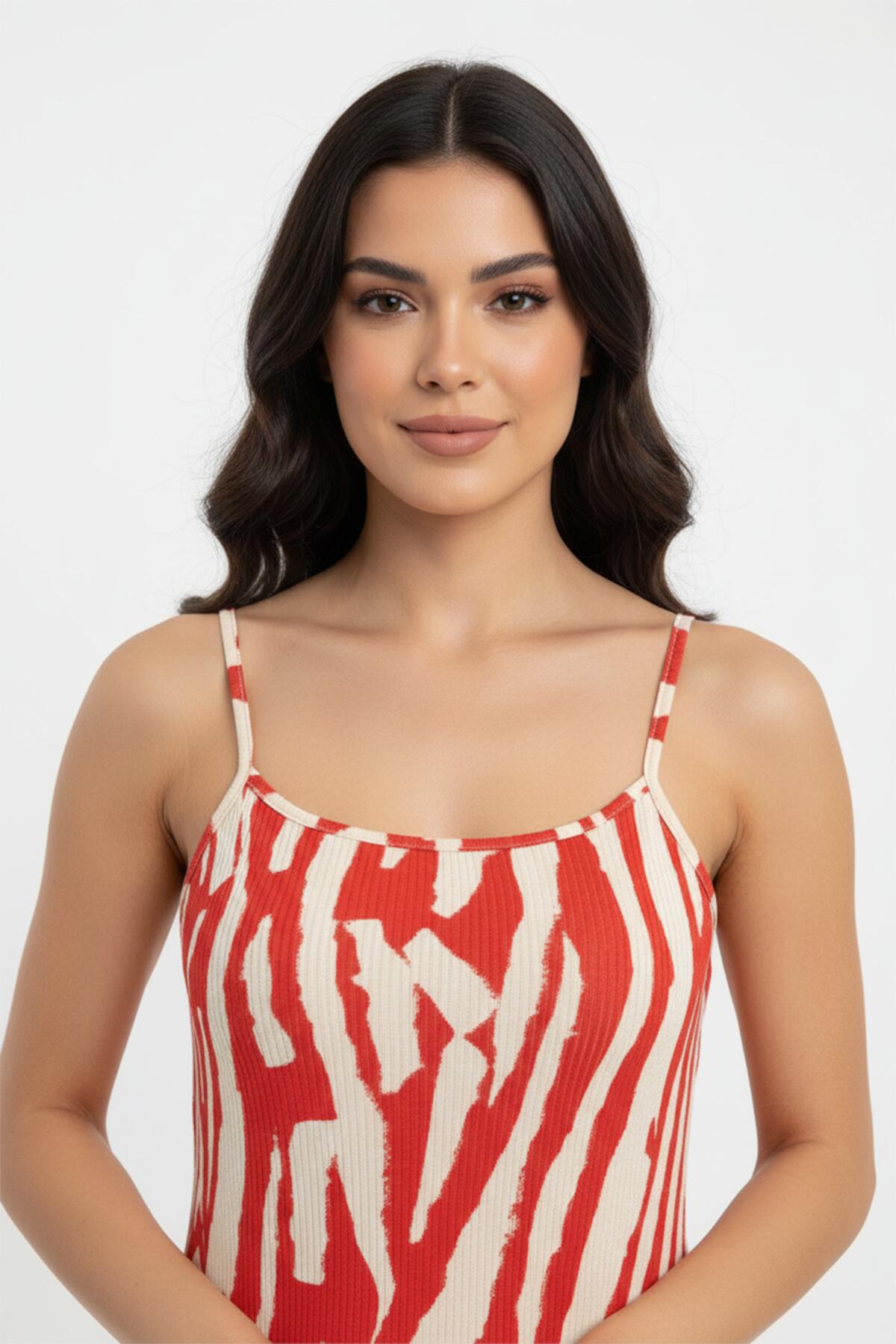 Patterned Terracotta Tie - Strap Dress