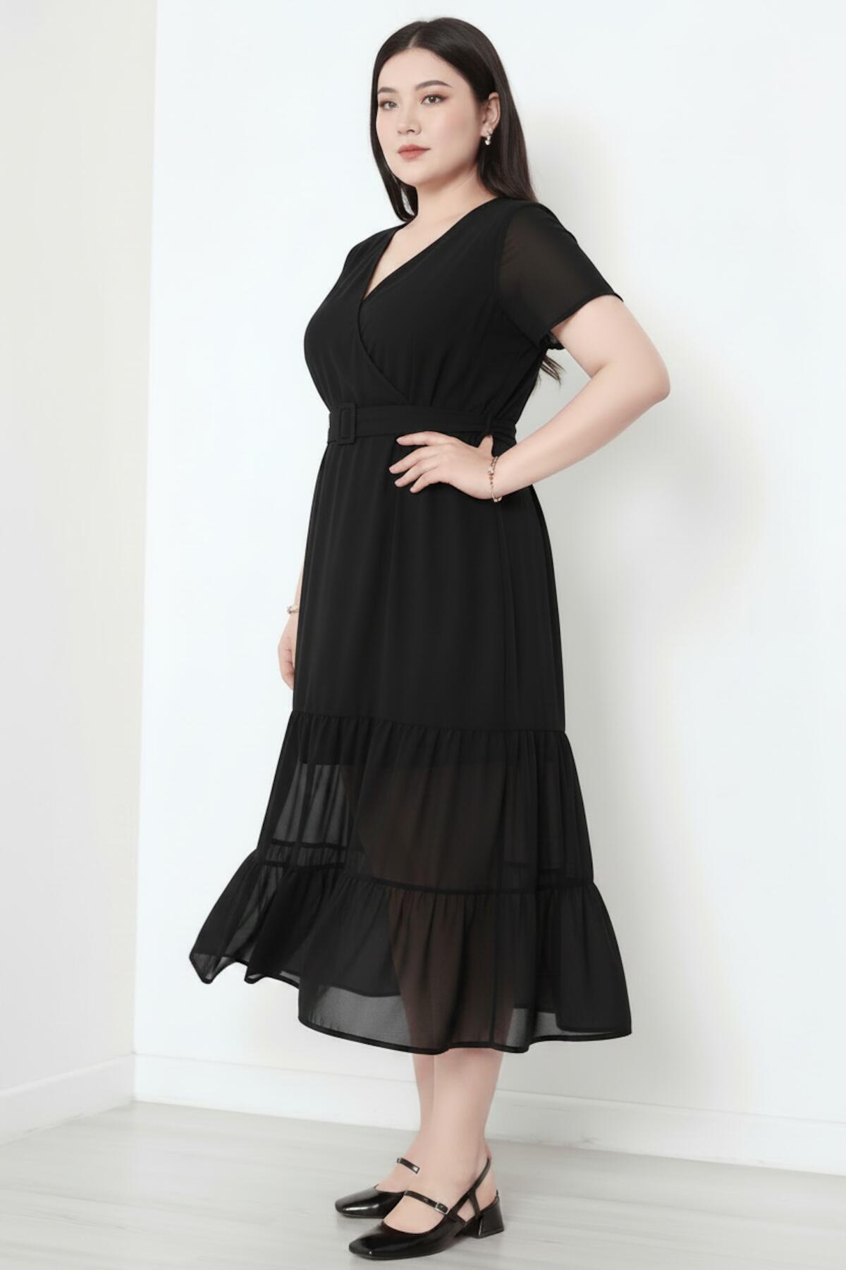 Plus‑Size V‑Neck Long Dress With Tulle Hem, Black