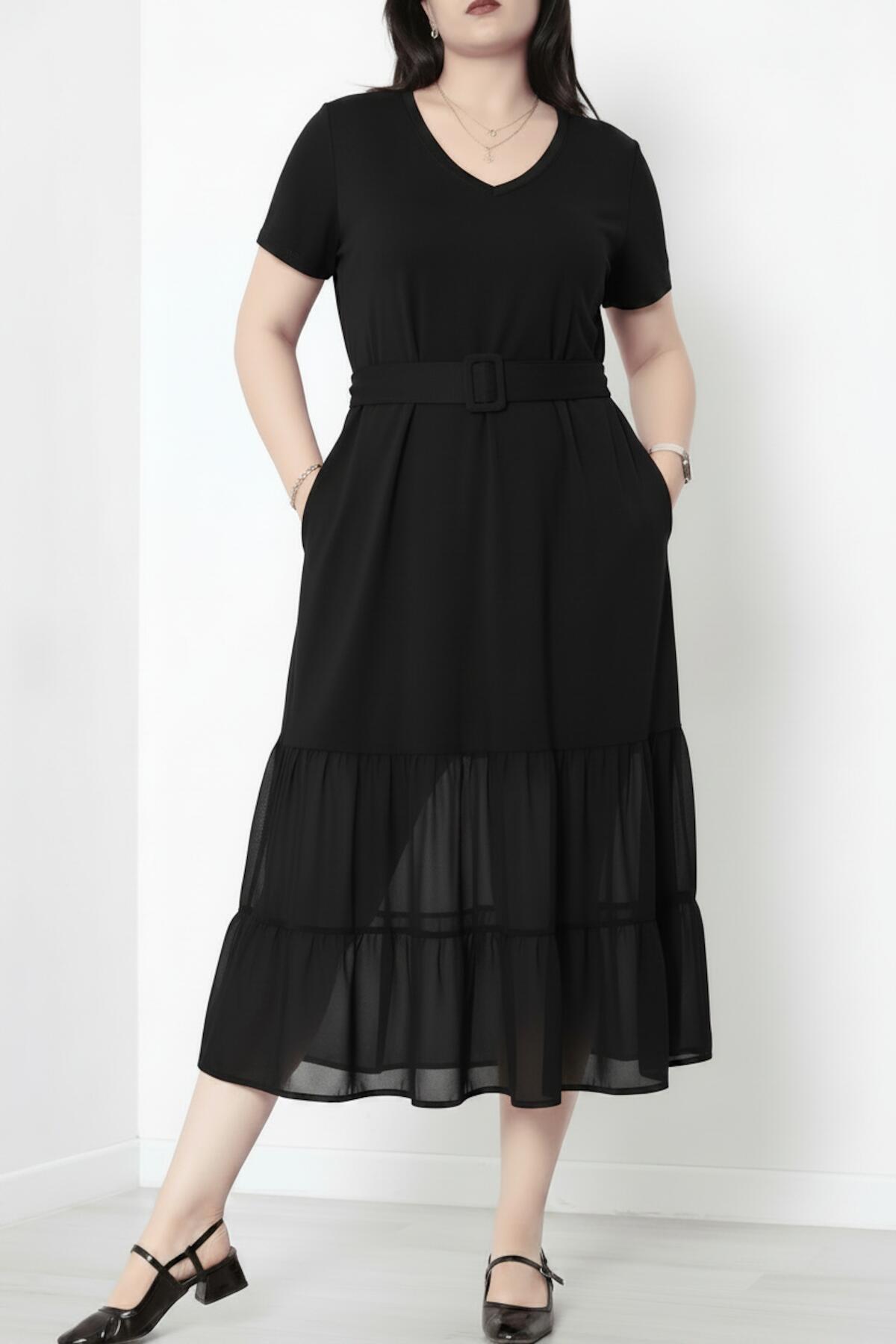 Plus‑Size V‑Neck Long Dress With Tulle Hem, Black