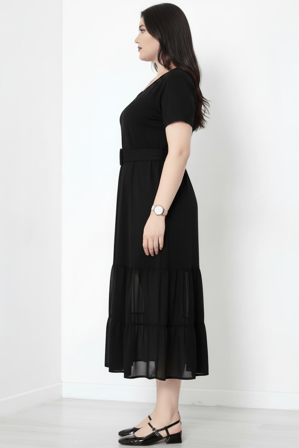 Plus‑Size V‑Neck Long Dress With Tulle Hem, Black