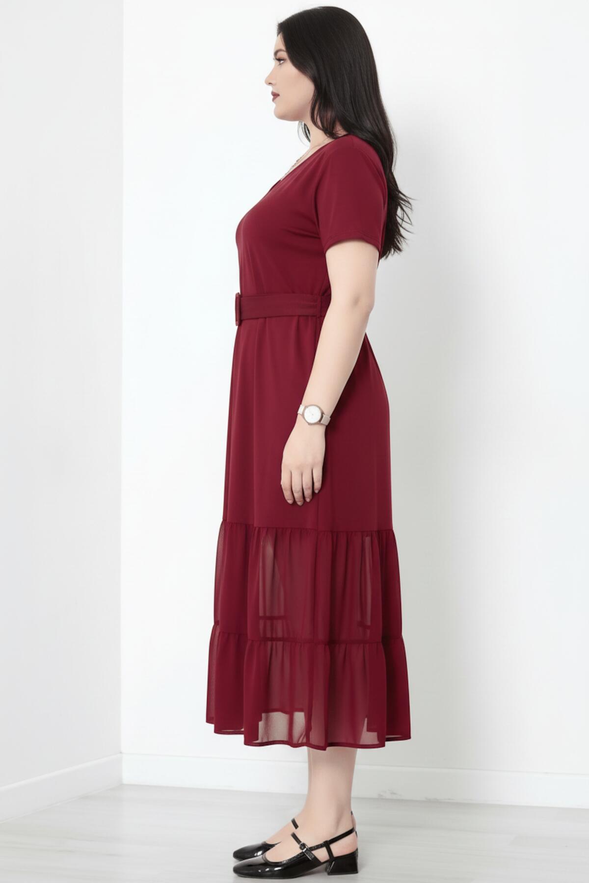 Plus - Size V - Neck Long Dress With Layered Tulle Hem — Burgundy