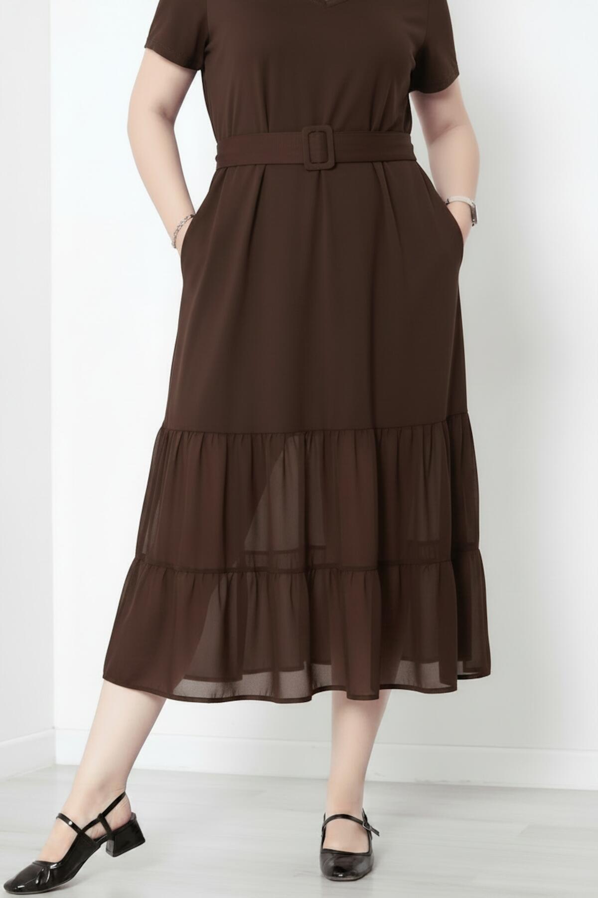 Plus - Size V - Neck Maxi Dress With Layered Tulle Hem, Brown