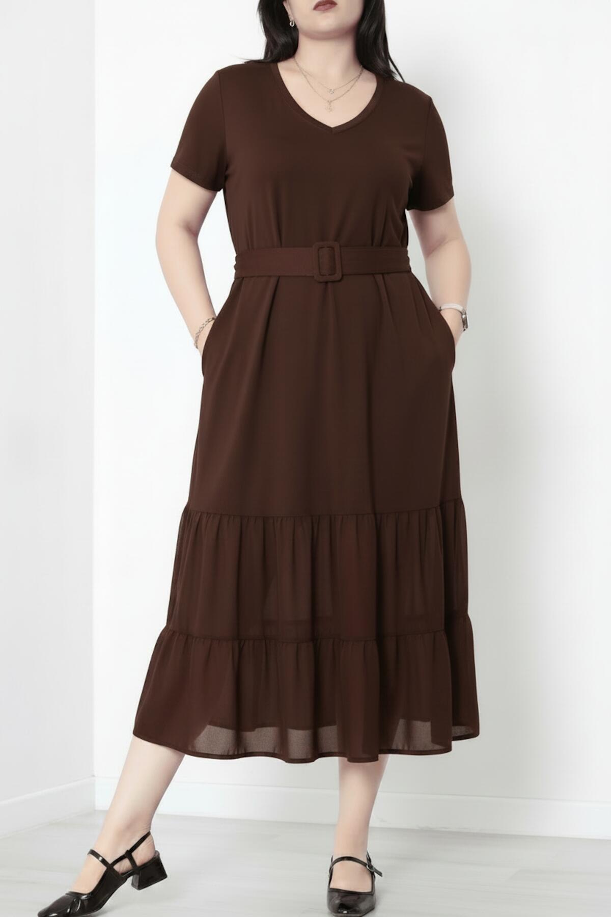 Plus - Size V - Neck Maxi Dress With Layered Tulle Hem, Brown