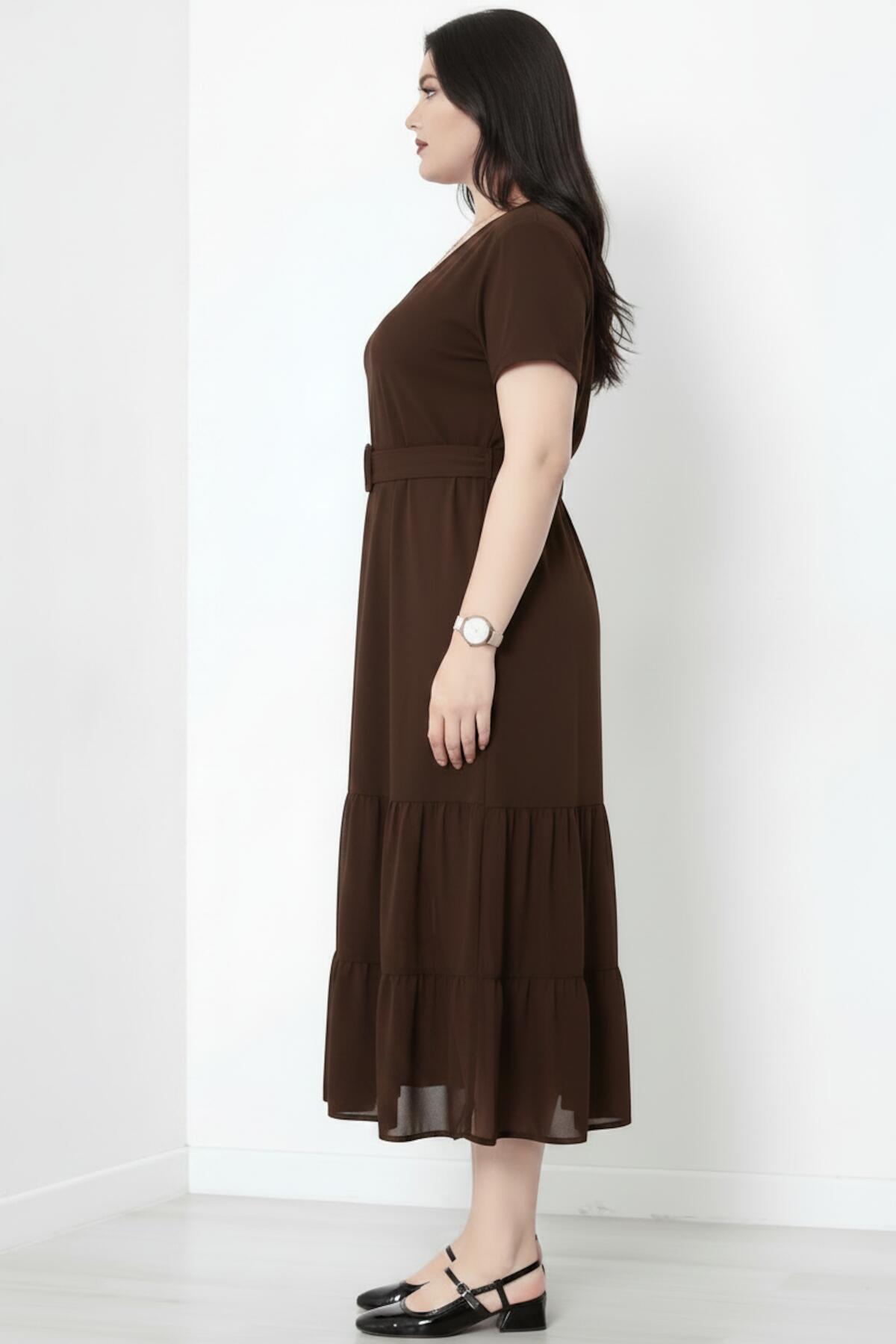 Plus - Size V - Neck Maxi Dress With Layered Tulle Hem, Brown