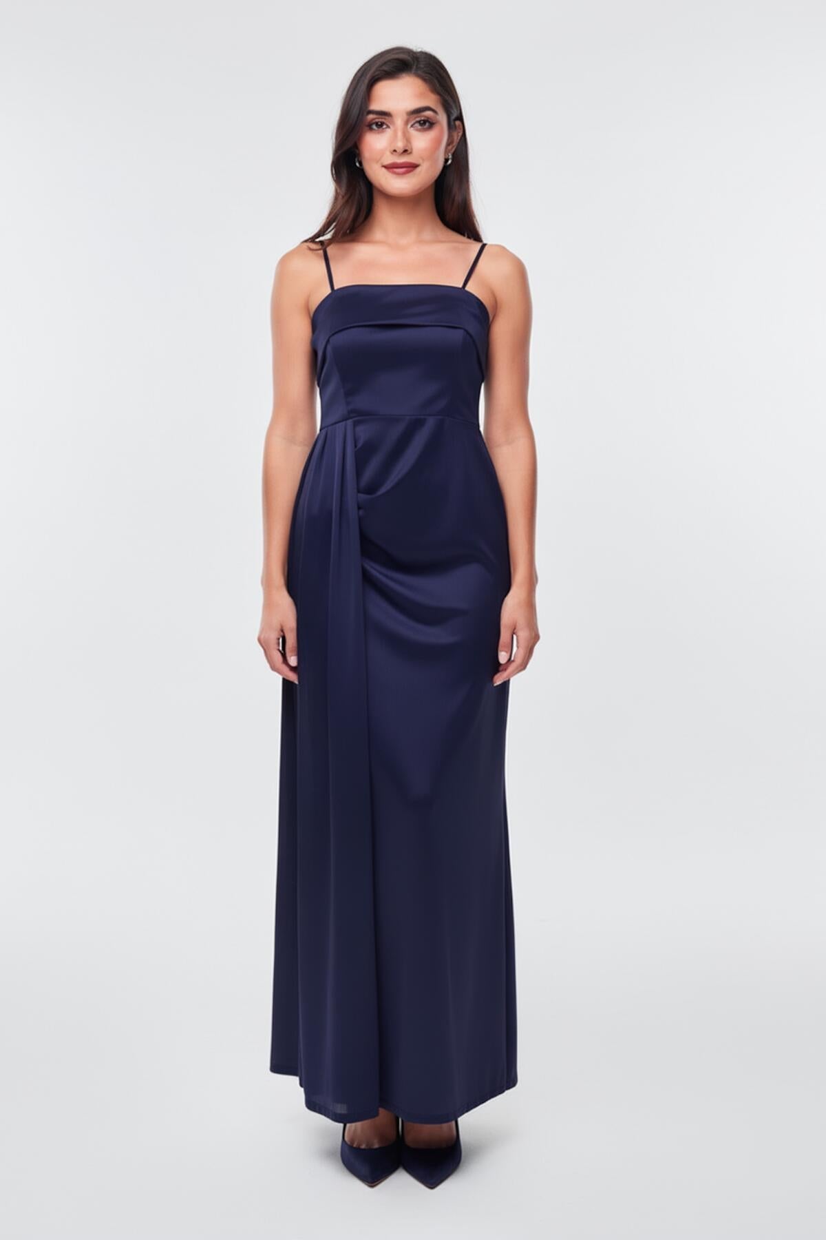 Plissiertes ärmelloses langes Abendkleid – Marineblau
