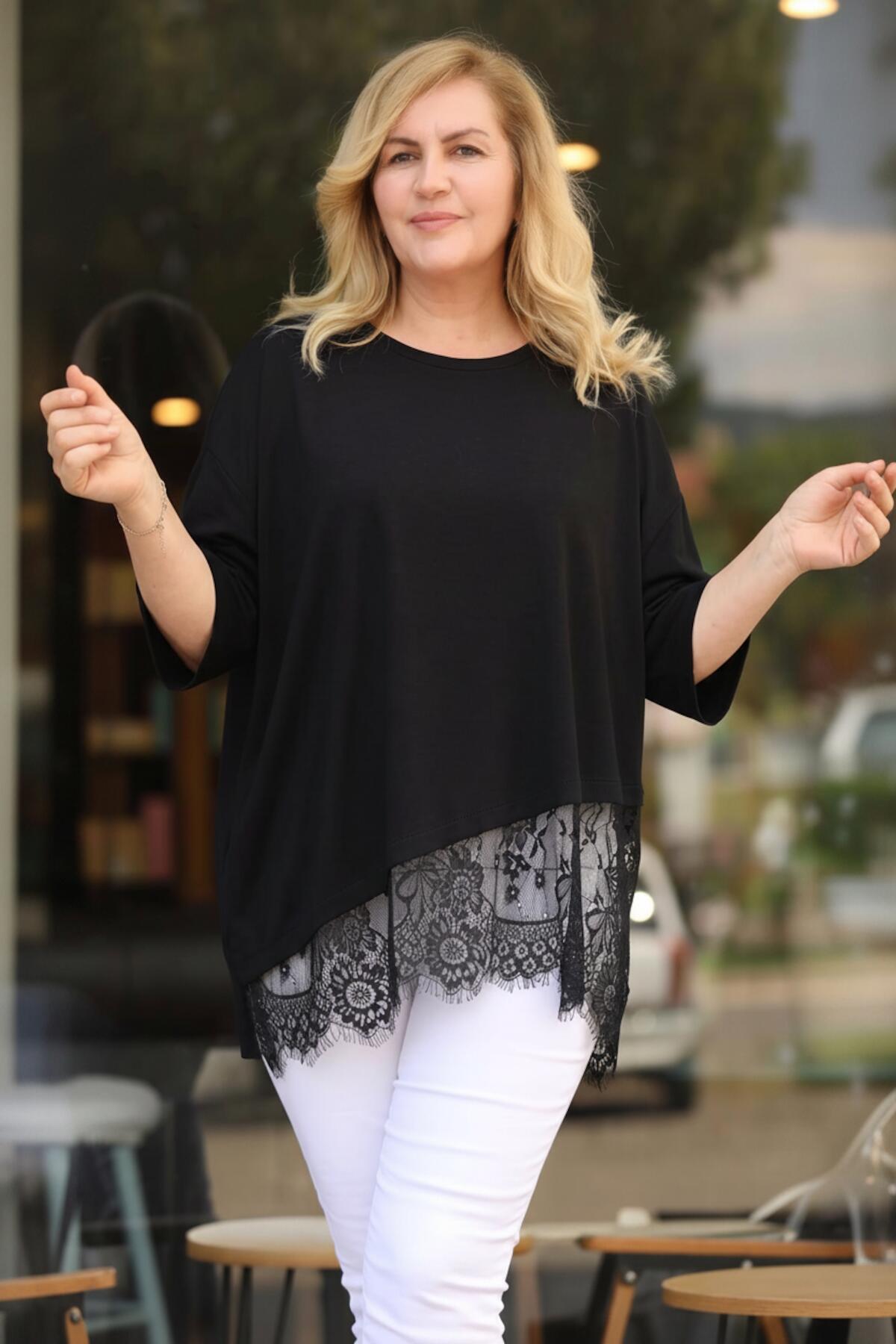Bluse mit Spitzenbesatz in großen Größen — Schwarz